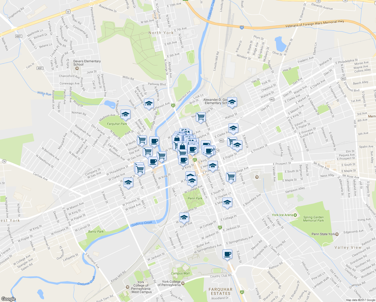 map of restaurants, bars, coffee shops, grocery stores, and more near 1-19 North George Street in York
