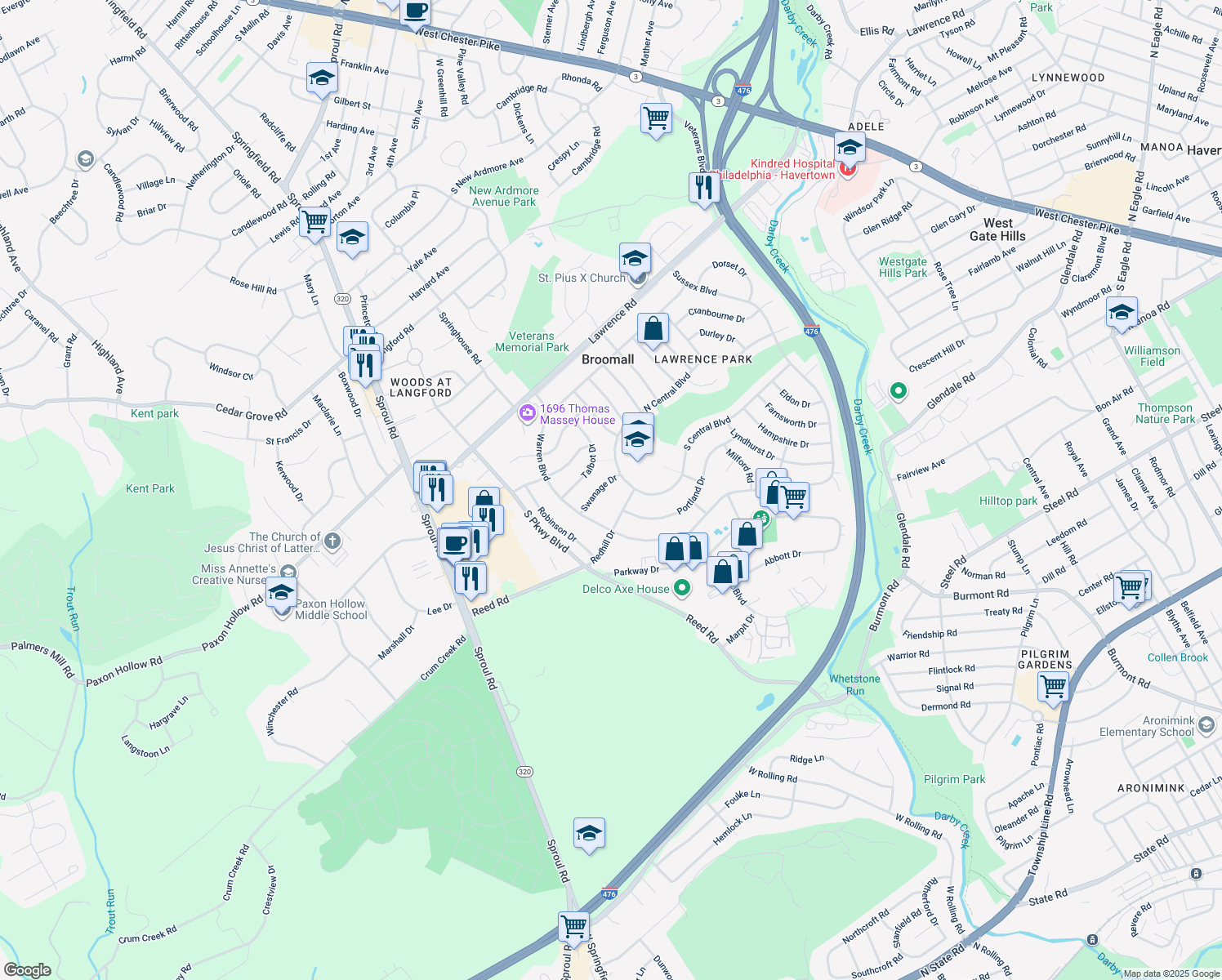 map of restaurants, bars, coffee shops, grocery stores, and more near 355 Swanage Drive in Broomall