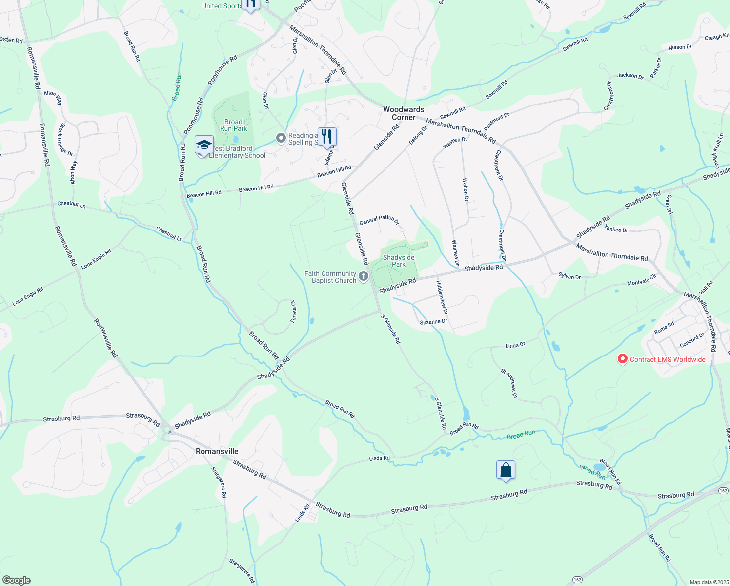 map of restaurants, bars, coffee shops, grocery stores, and more near 1593 Shadyglen Drive in Downingtown