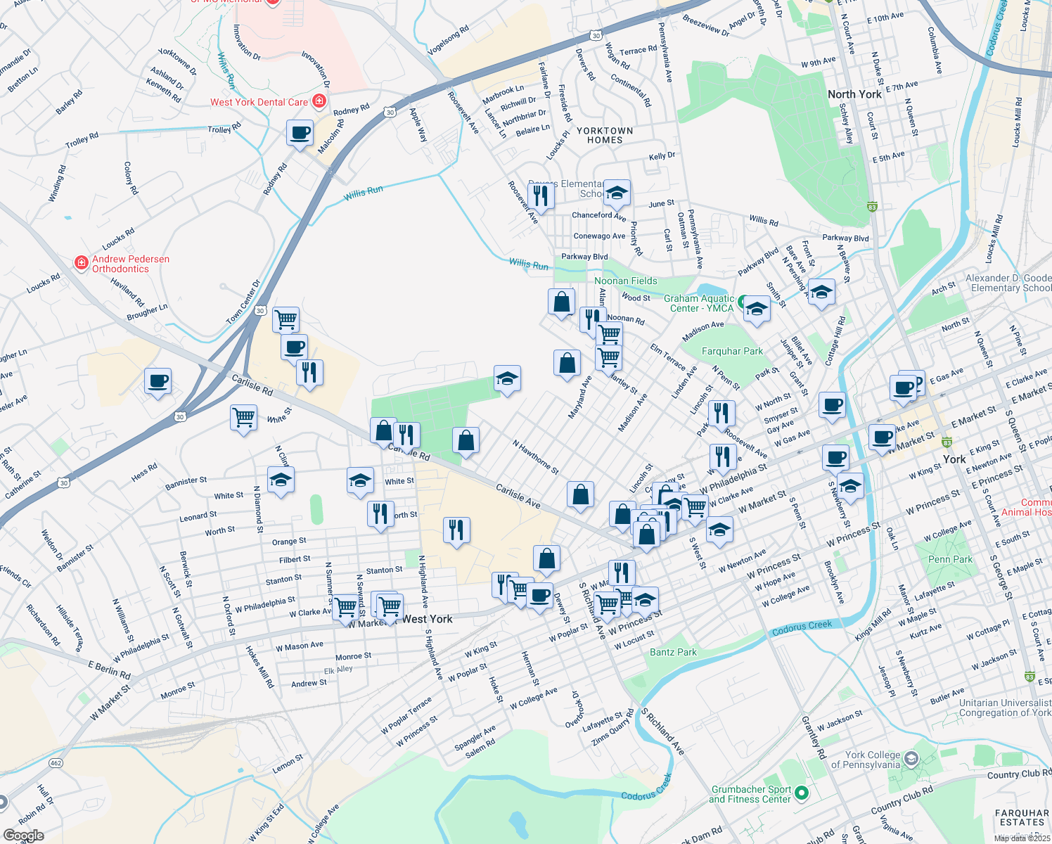 map of restaurants, bars, coffee shops, grocery stores, and more near 704 North Belvidere Avenue in York