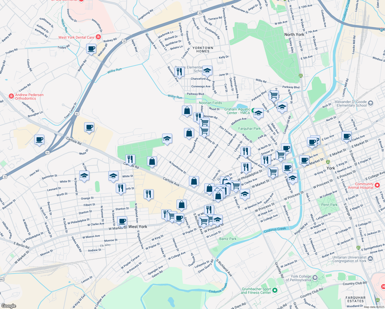 map of restaurants, bars, coffee shops, grocery stores, and more near 670 Maryland Avenue in York