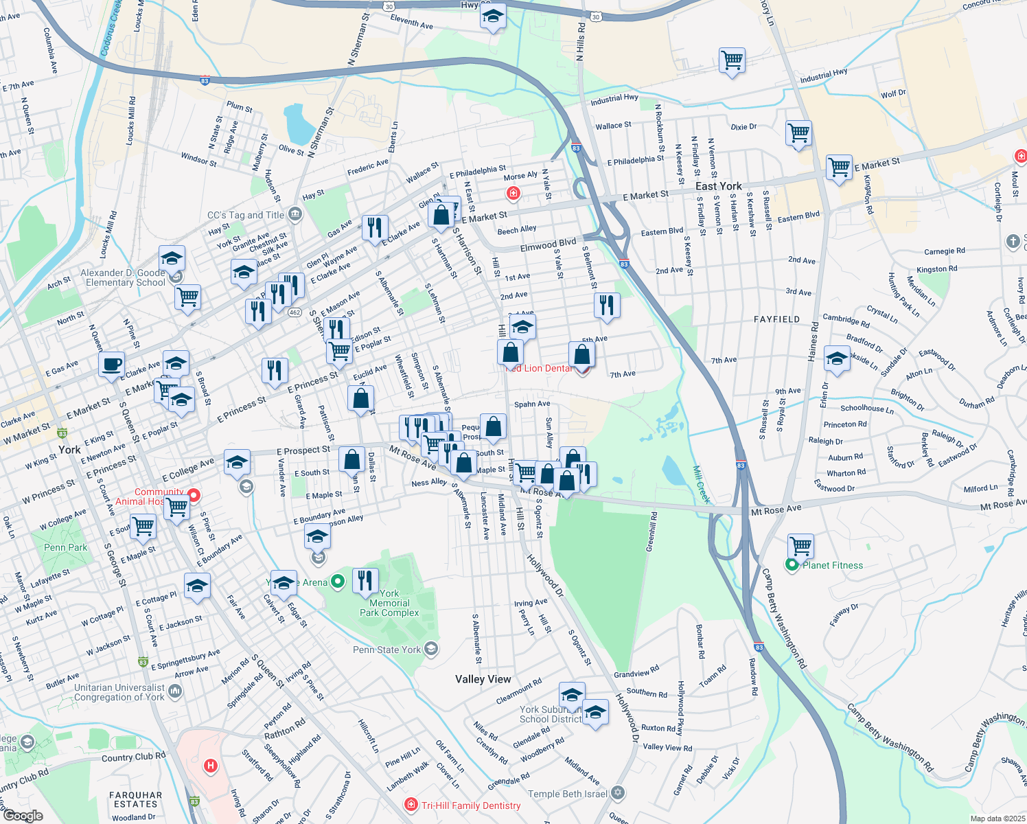 map of restaurants, bars, coffee shops, grocery stores, and more near 401 Hill Street in York