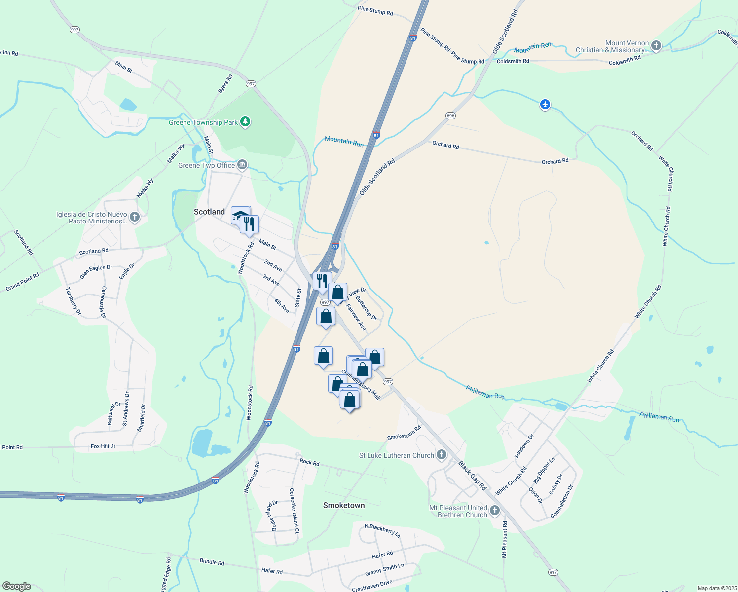 map of restaurants, bars, coffee shops, grocery stores, and more near 3639 Valley View Drive in Chambersburg