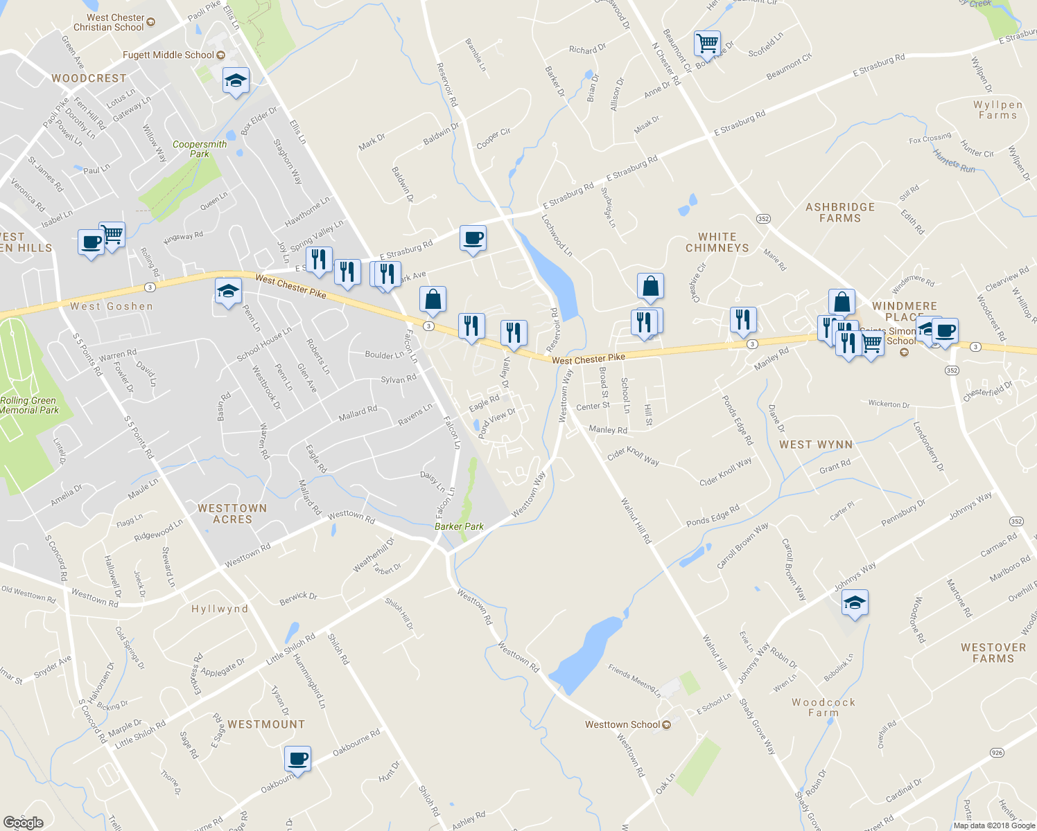 map of restaurants, bars, coffee shops, grocery stores, and more near 802 Valley Drive in West Chester