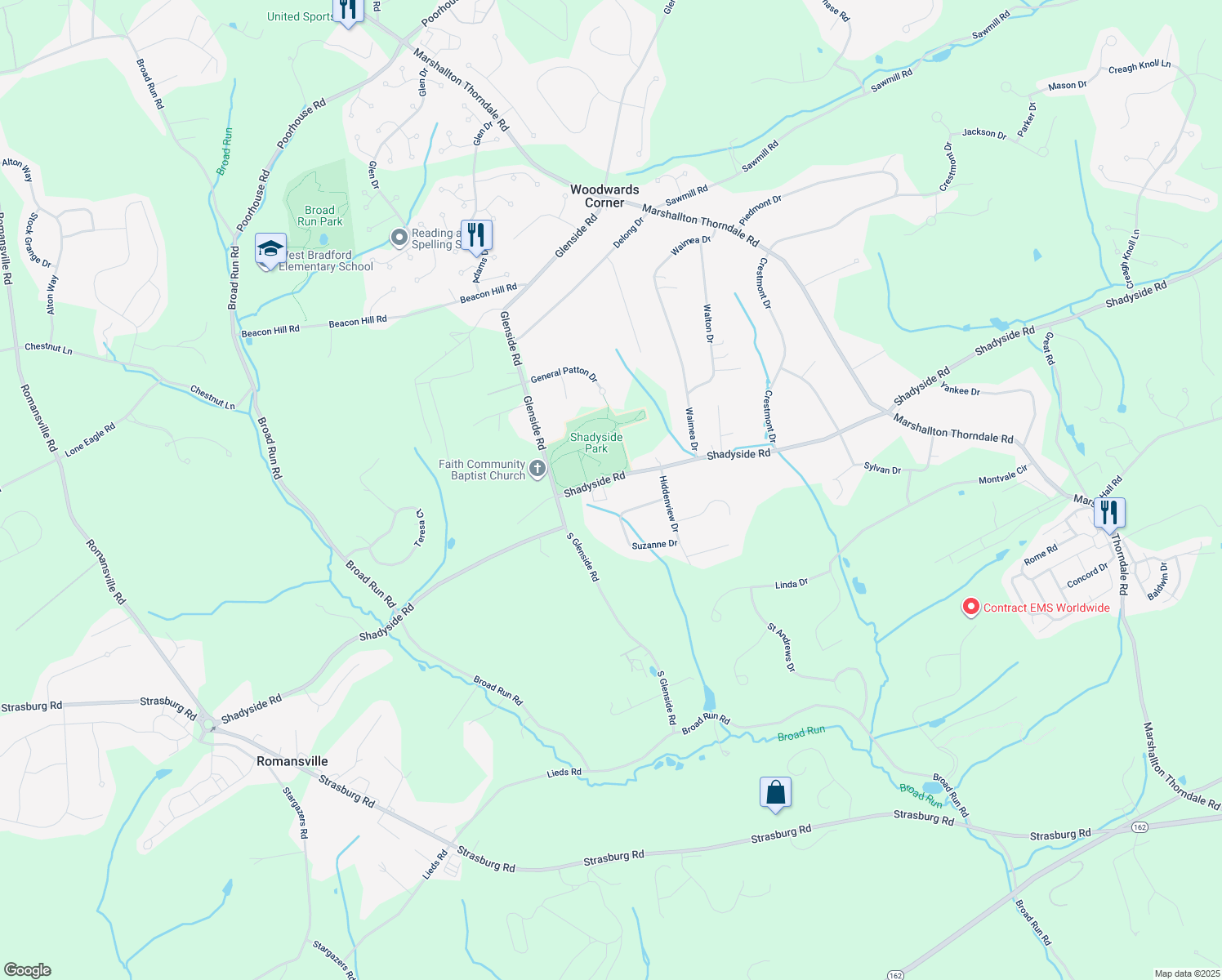 map of restaurants, bars, coffee shops, grocery stores, and more near 1642 Shadyside Road in West Chester