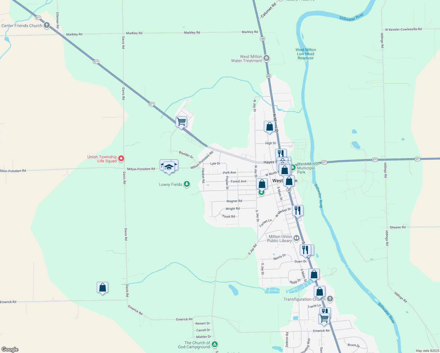 map of restaurants, bars, coffee shops, grocery stores, and more near 433 Park Ave in West Milton