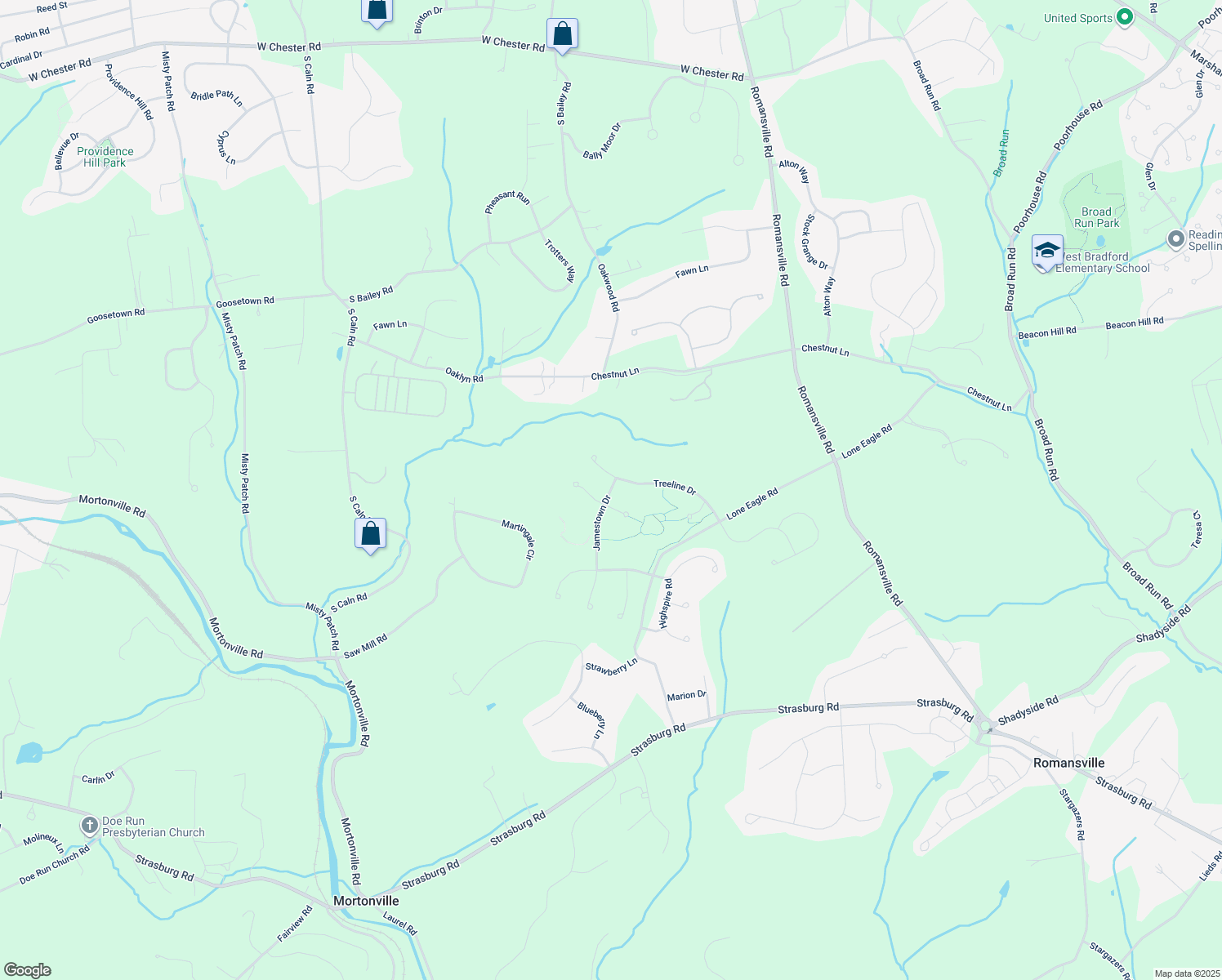 map of restaurants, bars, coffee shops, grocery stores, and more near 1317 Jamestown Drive in Coatesville