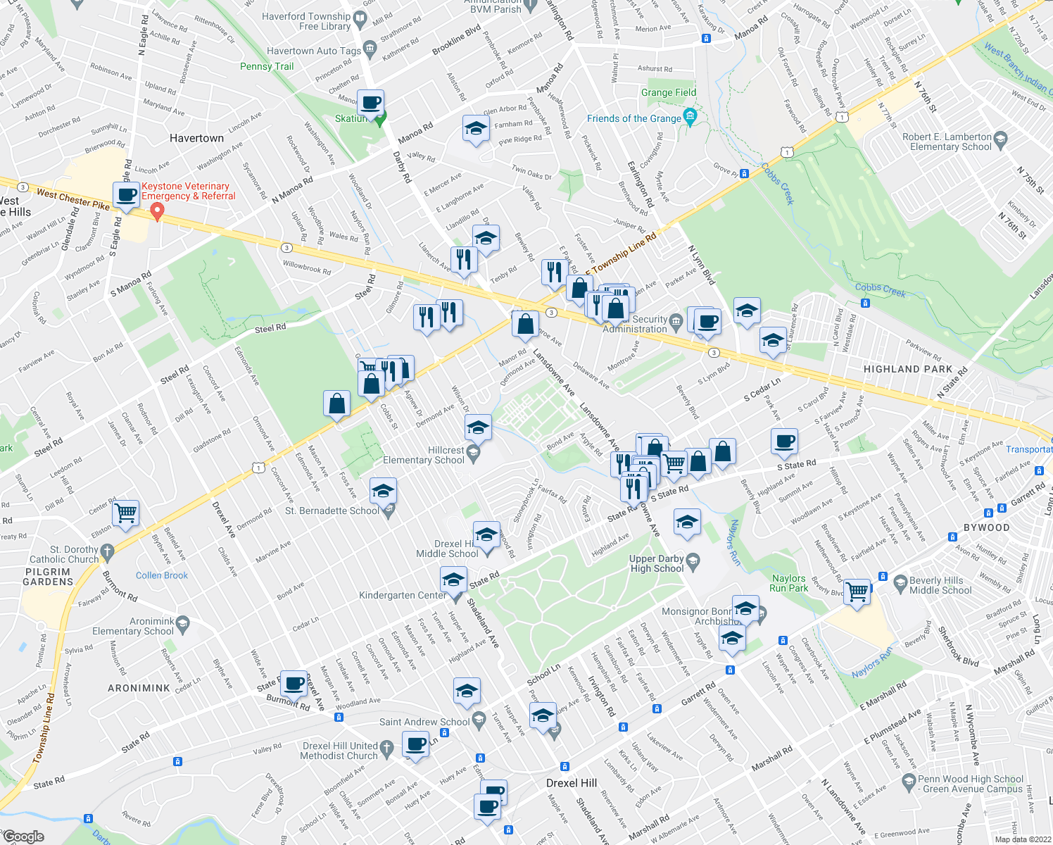 map of restaurants, bars, coffee shops, grocery stores, and more near 8400 Lansdowne Avenue in Upper Darby