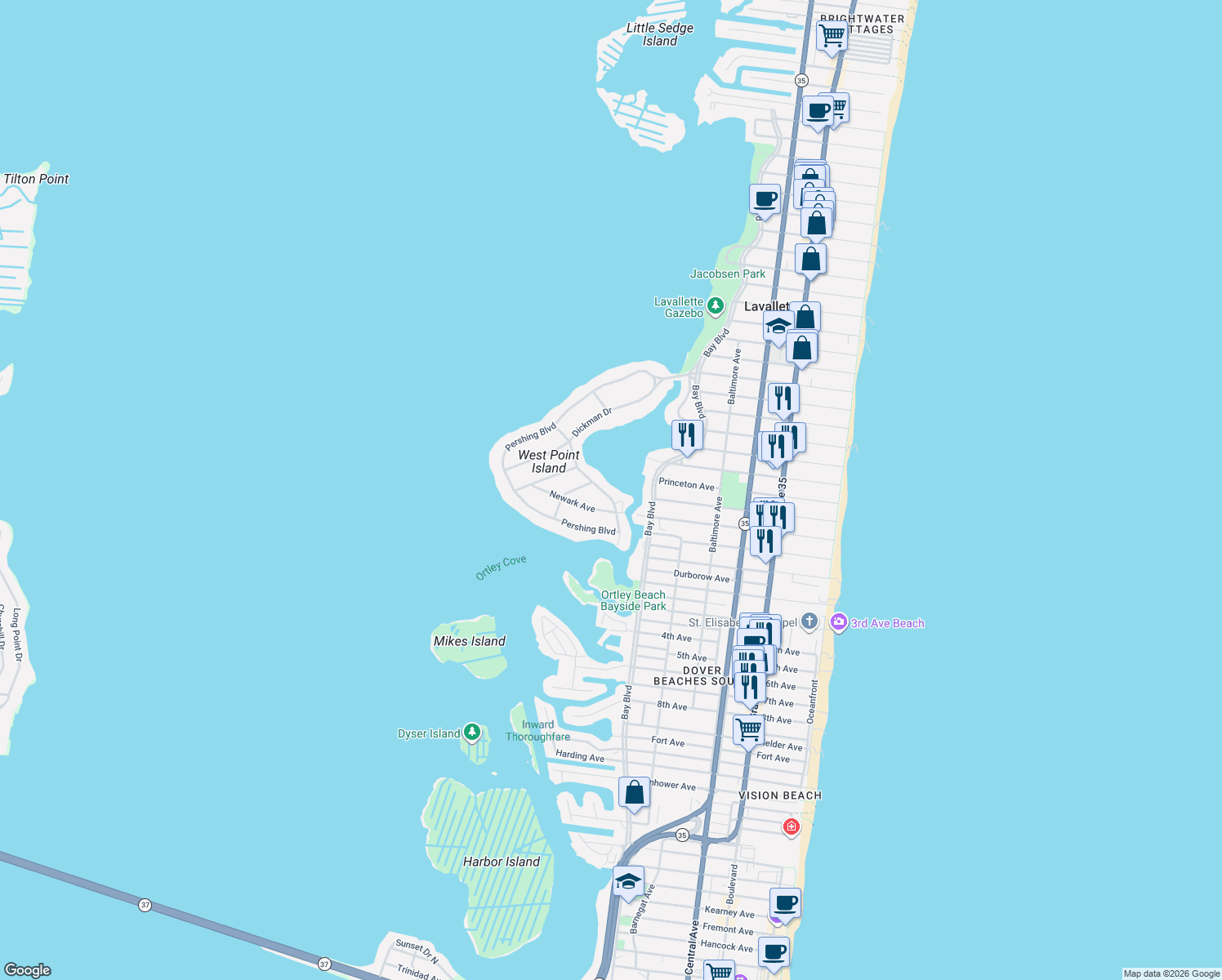 map of restaurants, bars, coffee shops, grocery stores, and more near 98 Dickman Drive in Lavallette