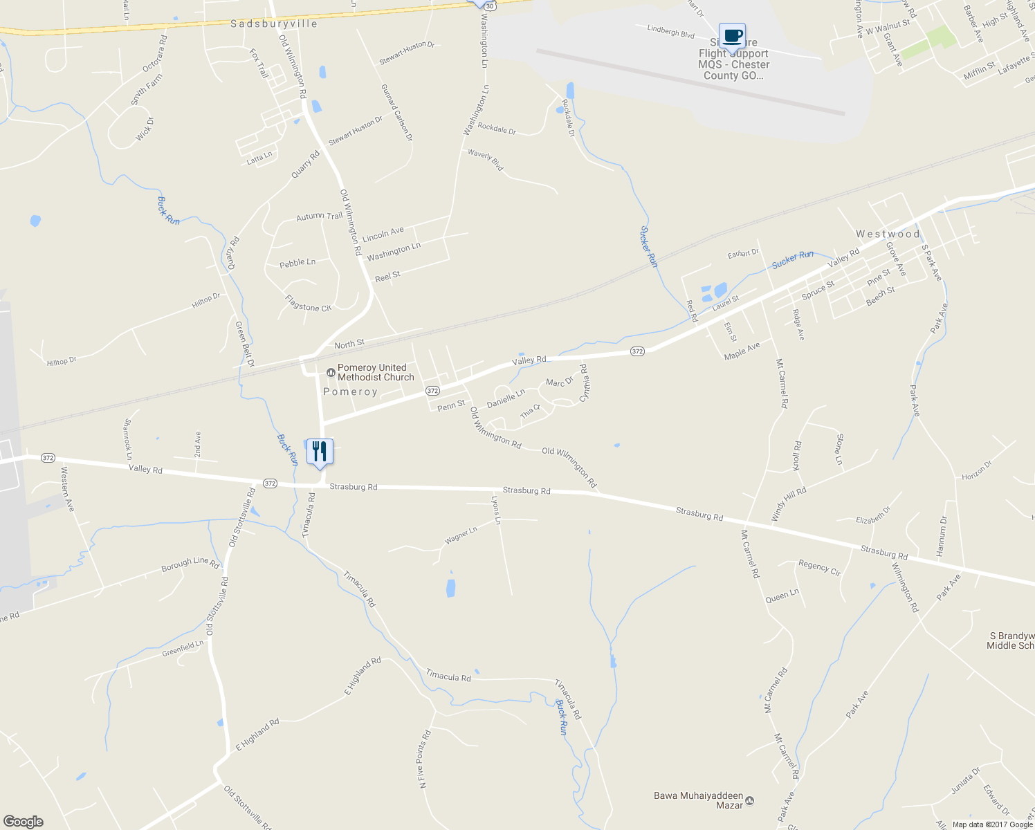 map of restaurants, bars, coffee shops, grocery stores, and more near 253 Thia Court in Coatesville
