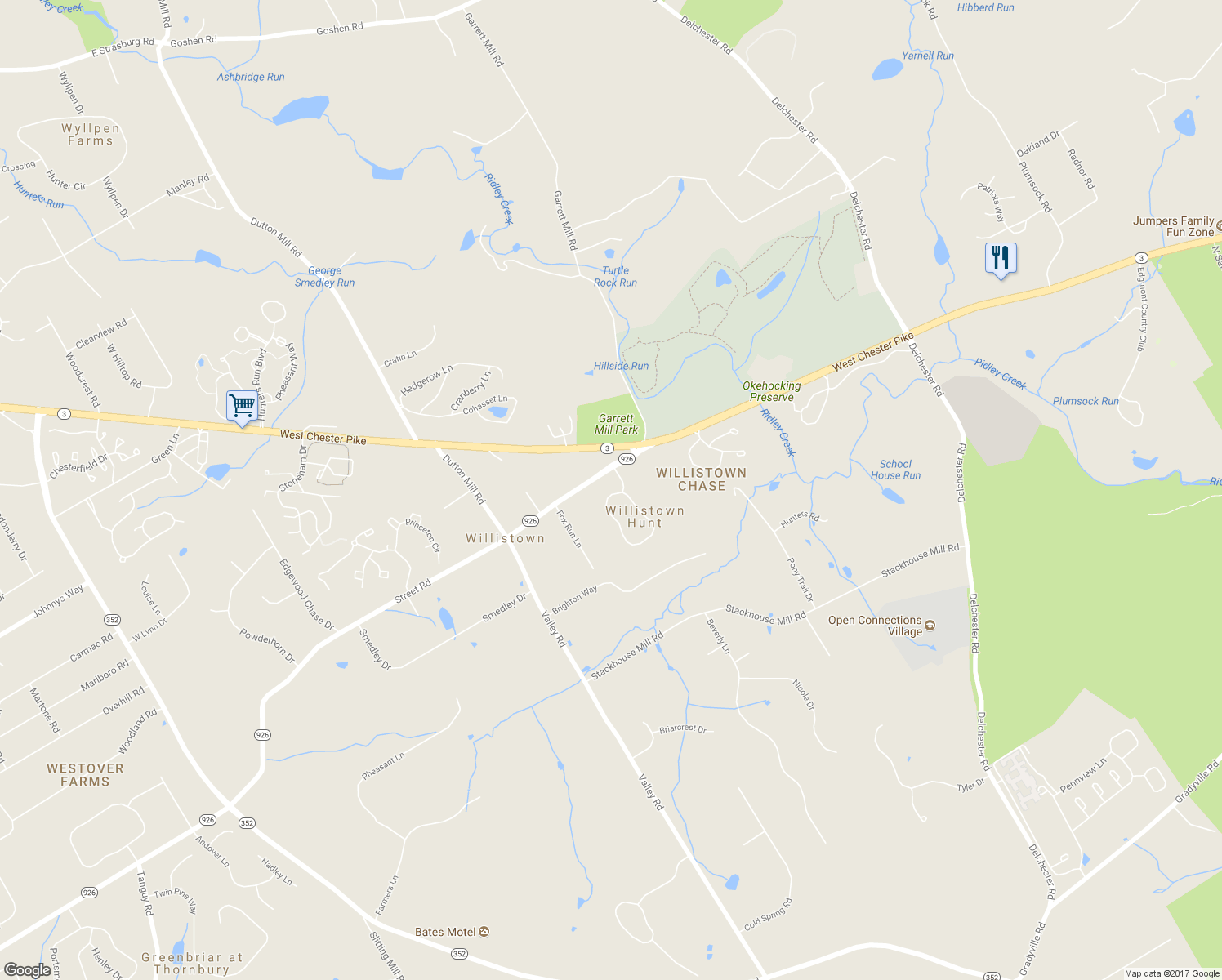 map of restaurants, bars, coffee shops, grocery stores, and more near 10 Longview Lane in Newtown Square