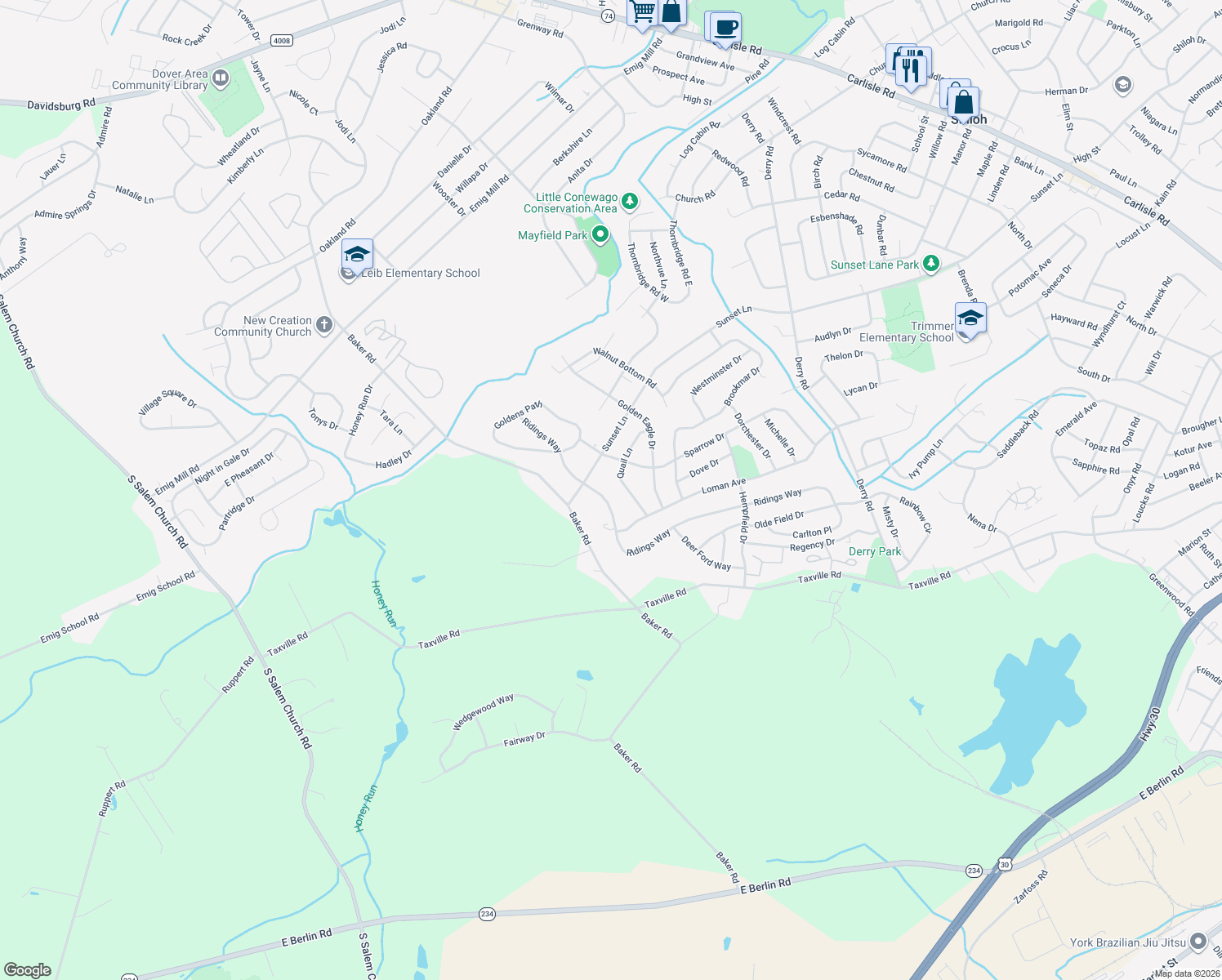 map of restaurants, bars, coffee shops, grocery stores, and more near 3041 Ridings Way in York