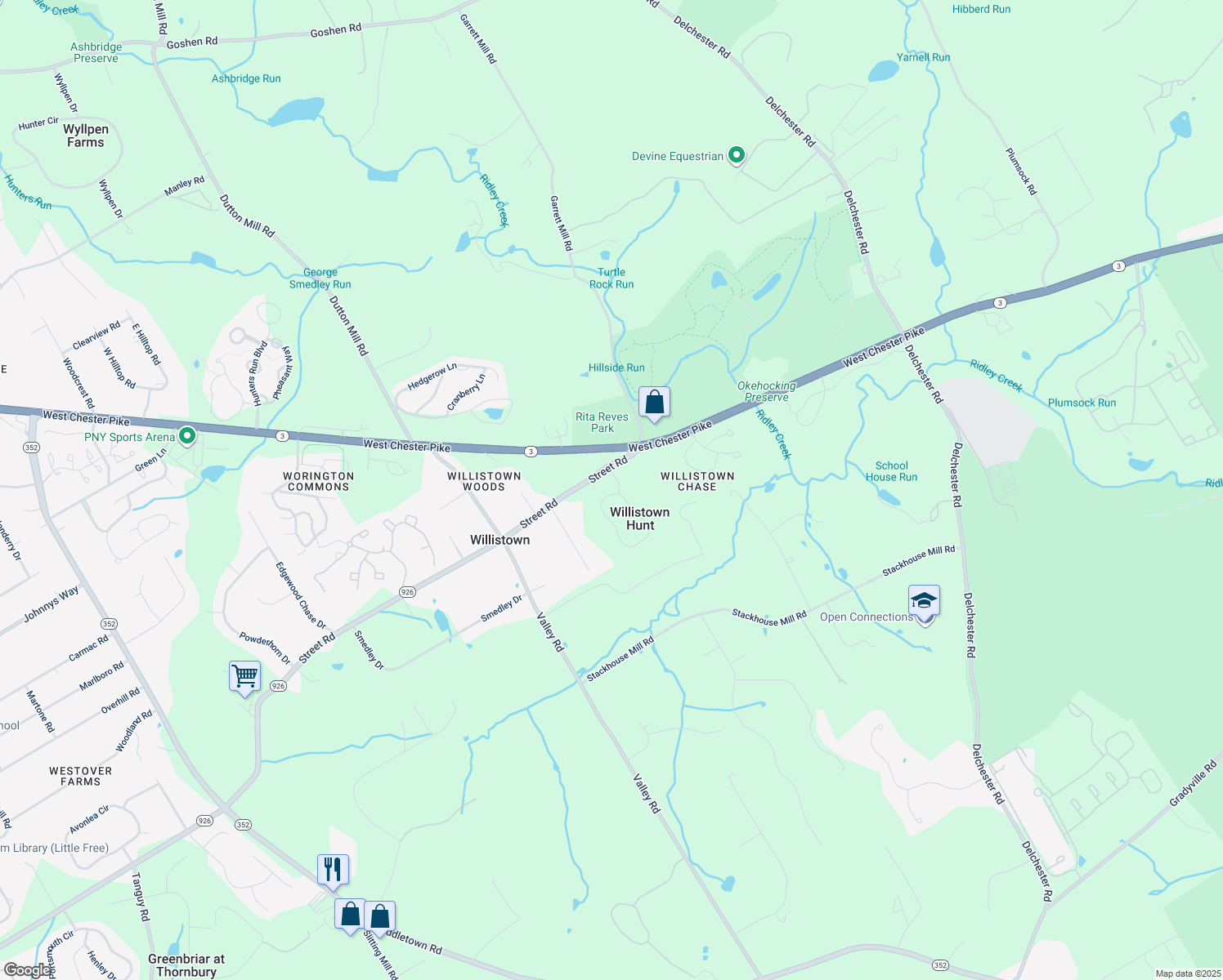 map of restaurants, bars, coffee shops, grocery stores, and more near 4 Longview Lane in Newtown Square