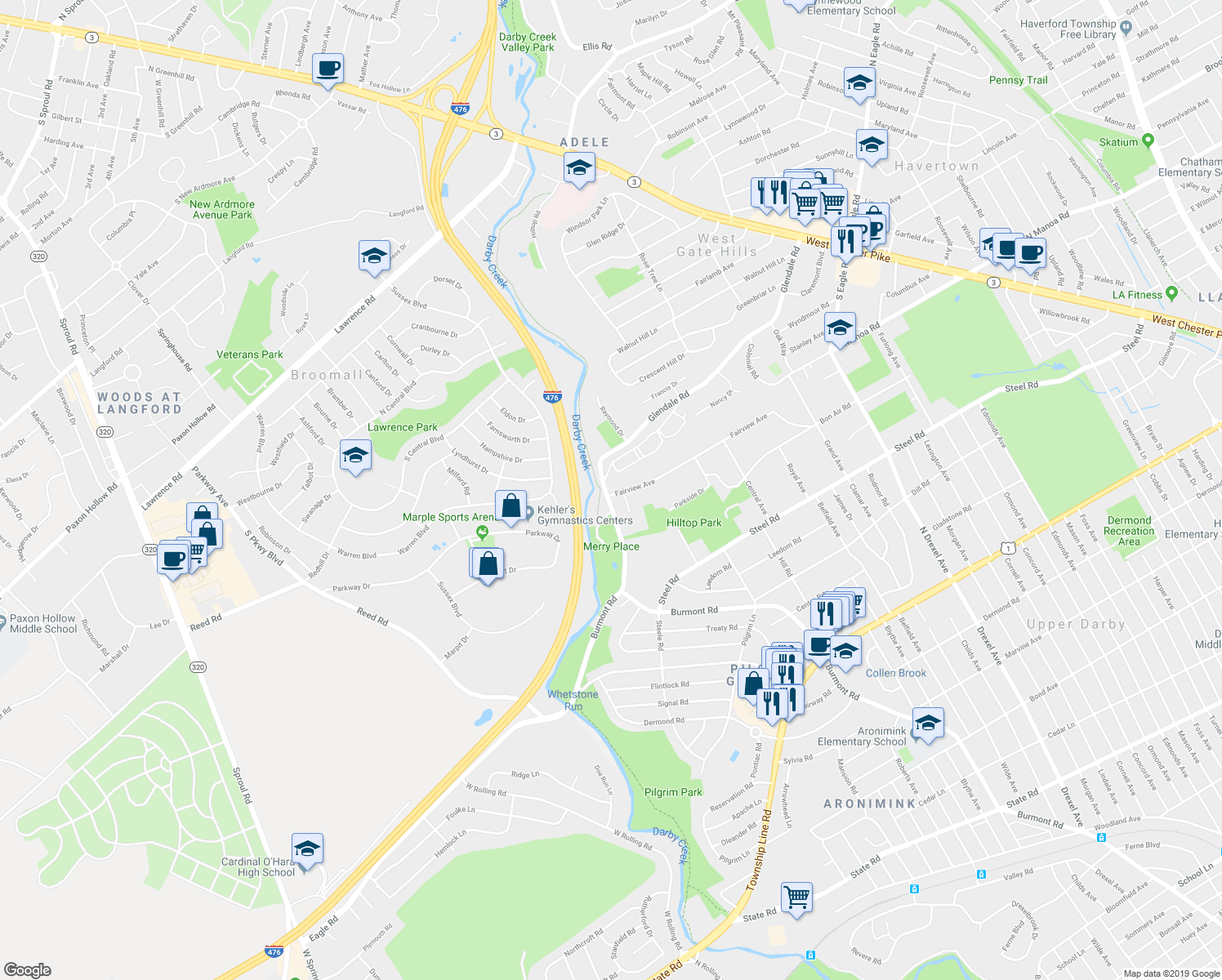 map of restaurants, bars, coffee shops, grocery stores, and more near 1532 Fairview Avenue in Havertown