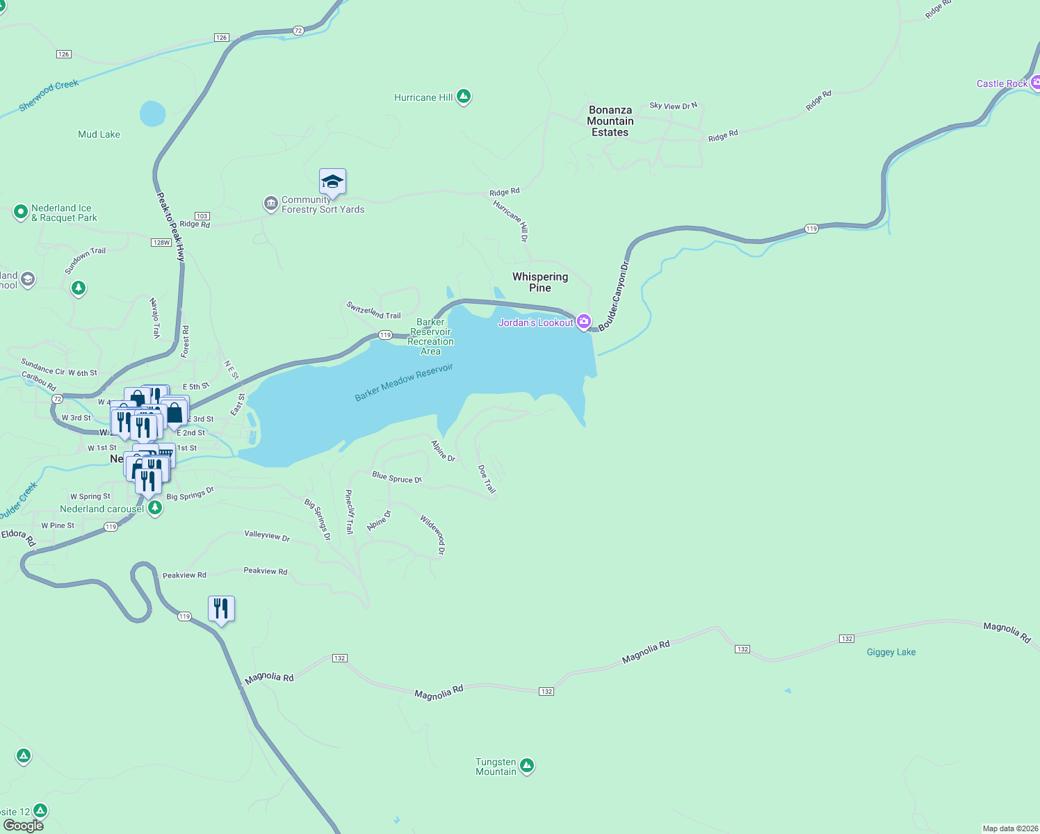 map of restaurants, bars, coffee shops, grocery stores, and more near 31 Doe Trail in Nederland