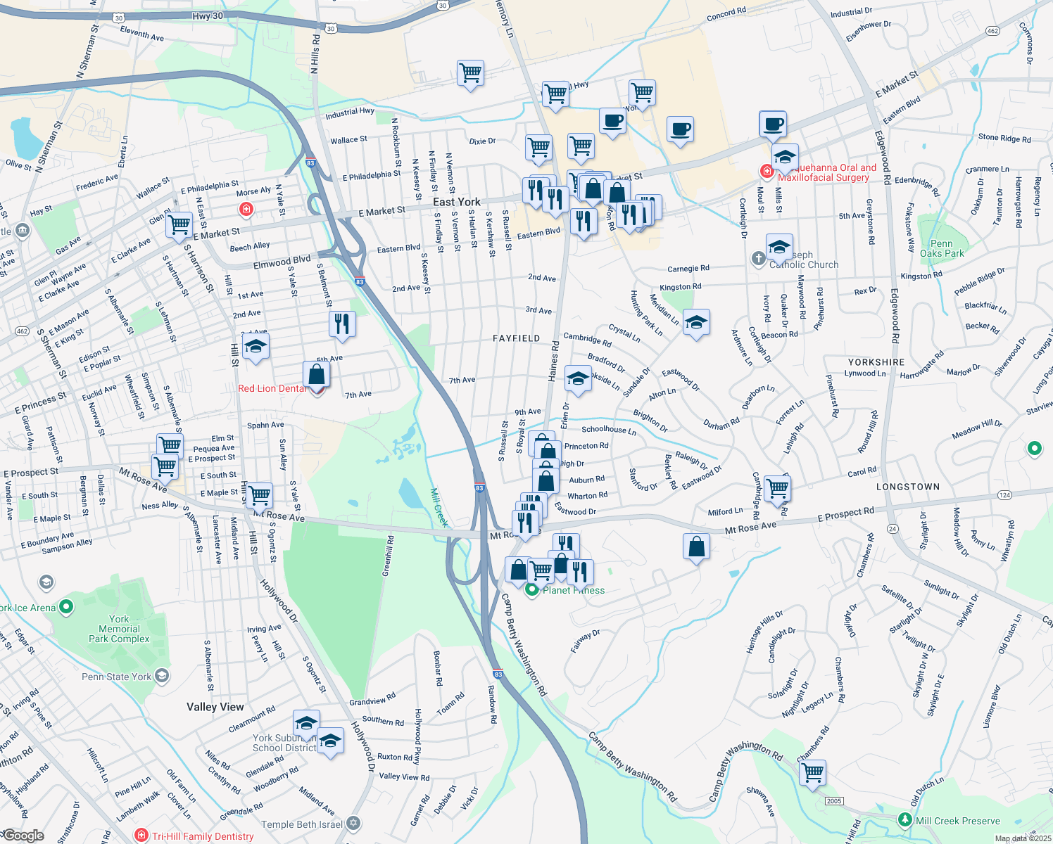map of restaurants, bars, coffee shops, grocery stores, and more near 911 South Royal Street in York