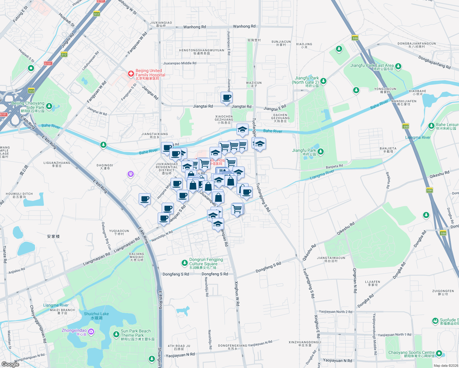map of restaurants, bars, coffee shops, grocery stores, and more near Jiuxianqiao South Road in Beijing