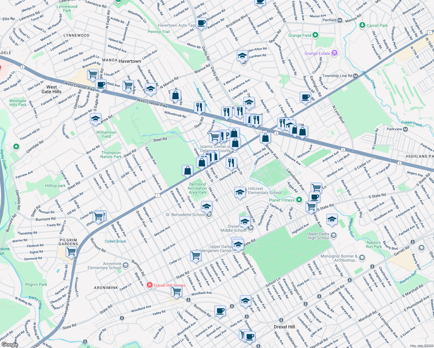 map of restaurants, bars, coffee shops, grocery stores, and more near 1219 Bryan Street in Drexel Hill