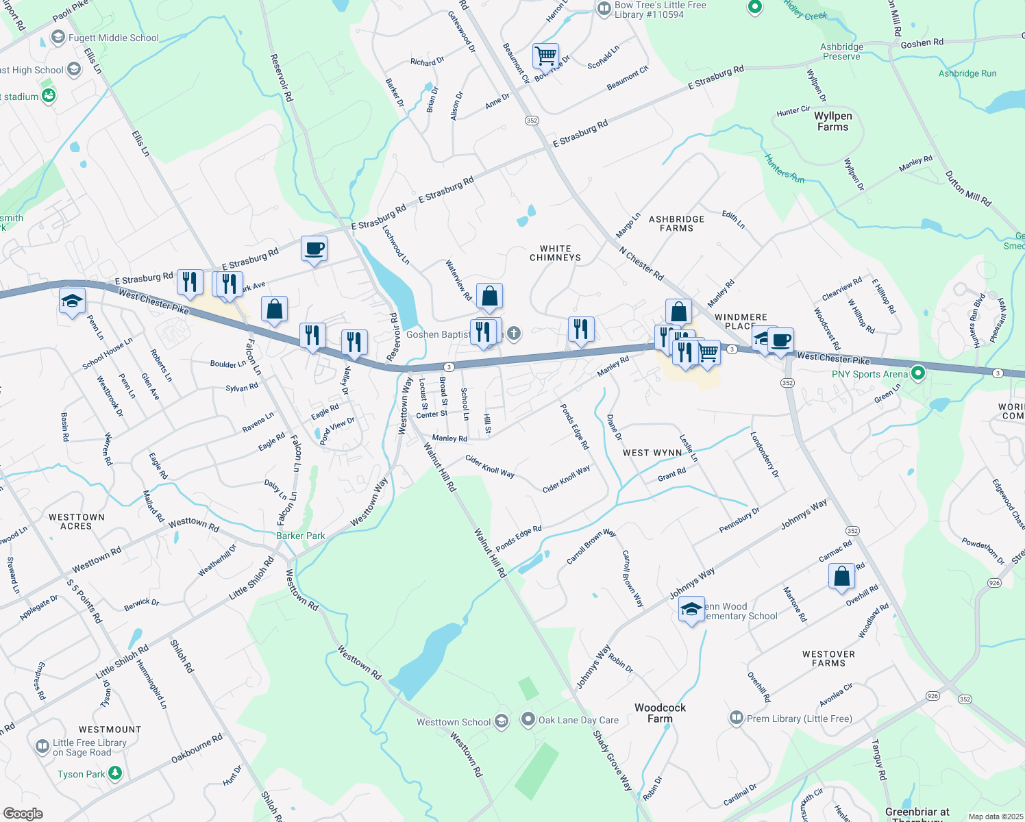 map of restaurants, bars, coffee shops, grocery stores, and more near 461 Summit House in West Chester
