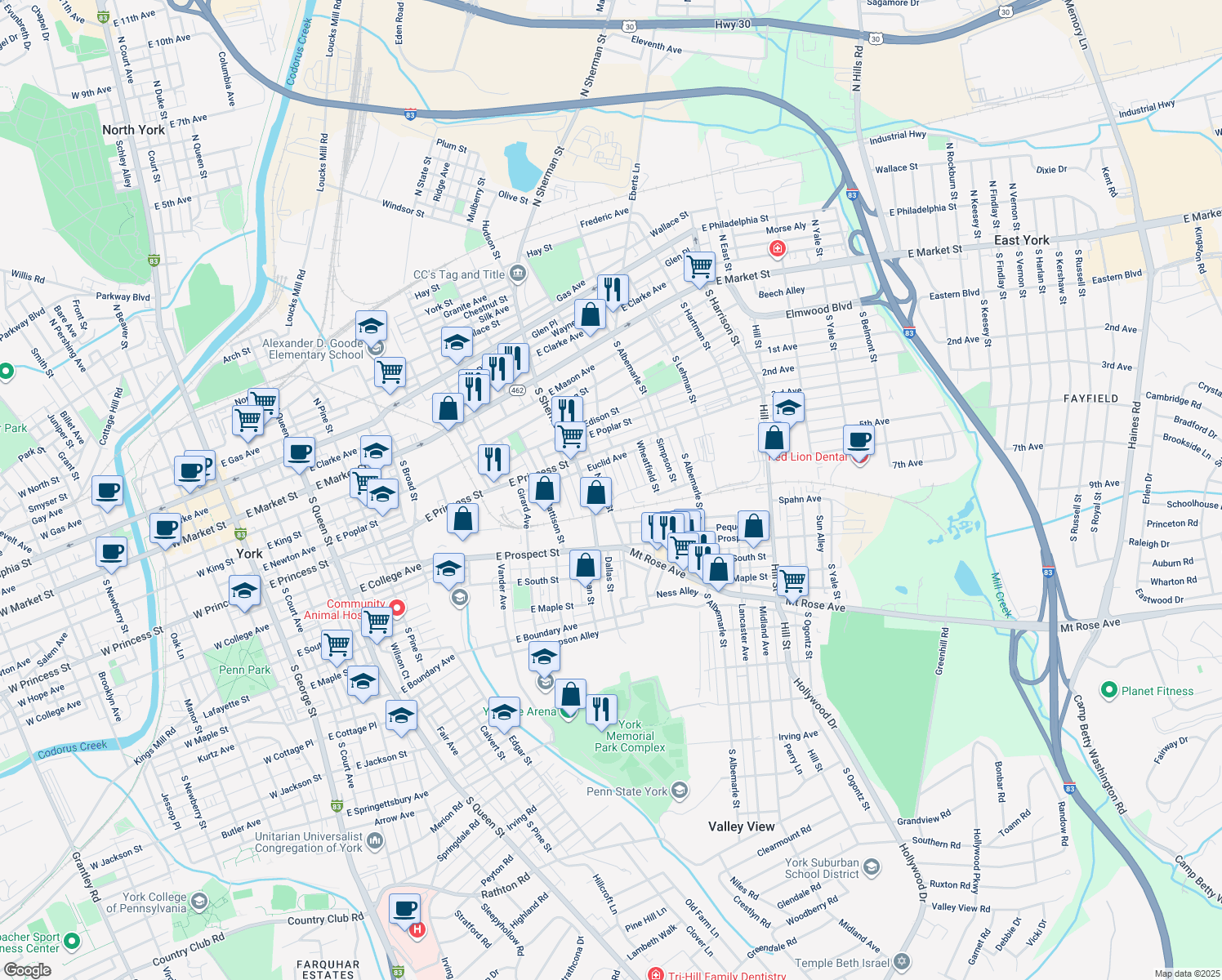 map of restaurants, bars, coffee shops, grocery stores, and more near 365 Norway Street in York