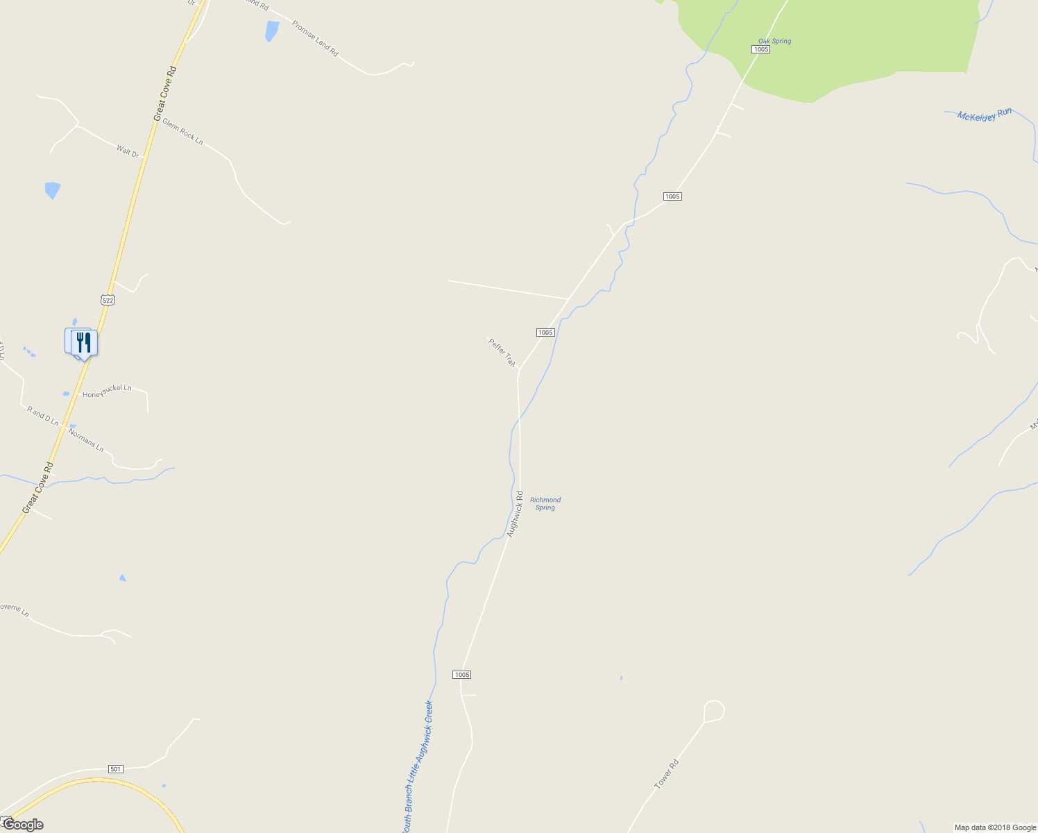 map of restaurants, bars, coffee shops, grocery stores, and more near Aughwick Road in McConnellsburg