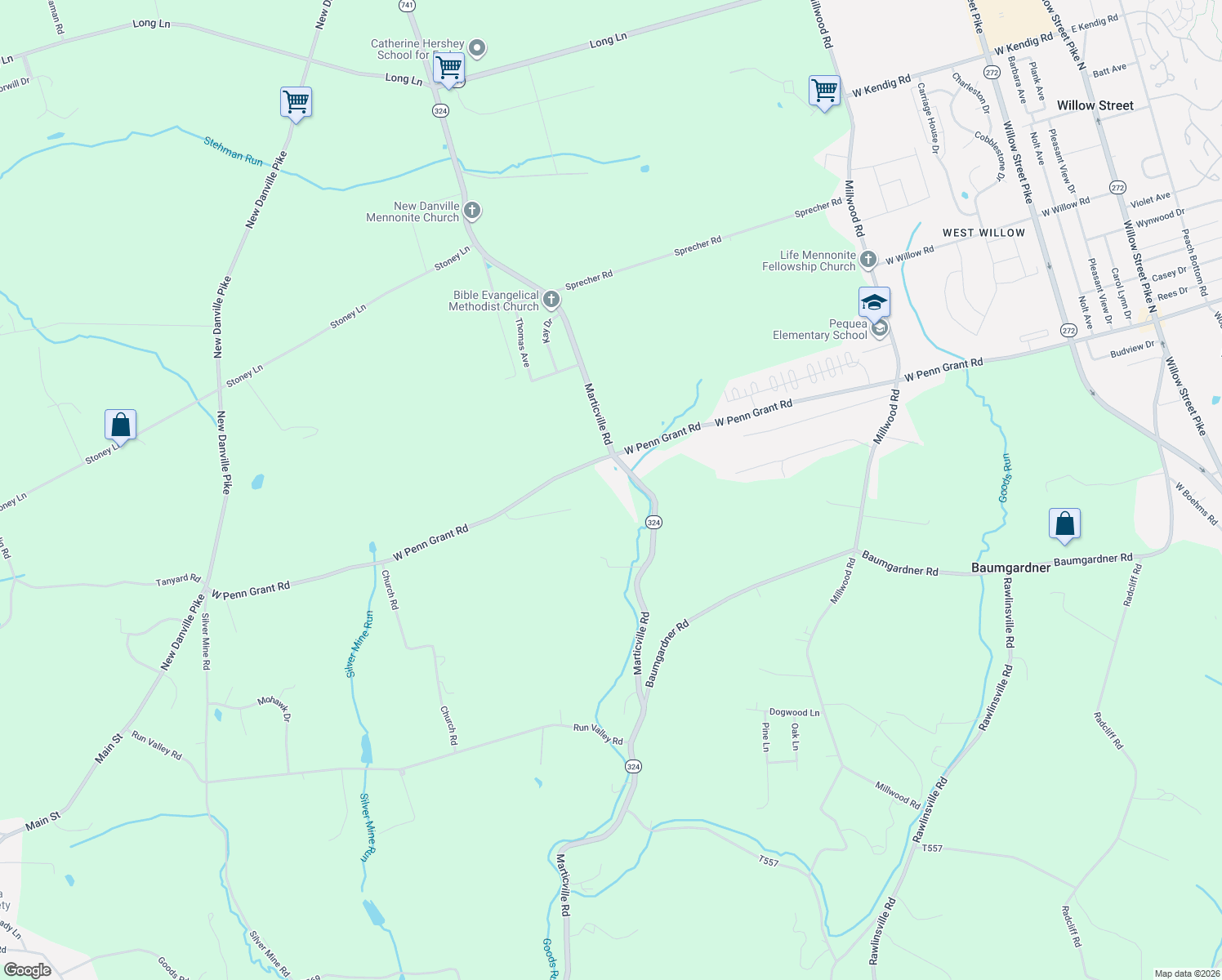 map of restaurants, bars, coffee shops, grocery stores, and more near 1104 West Penn Grant Road in Lancaster