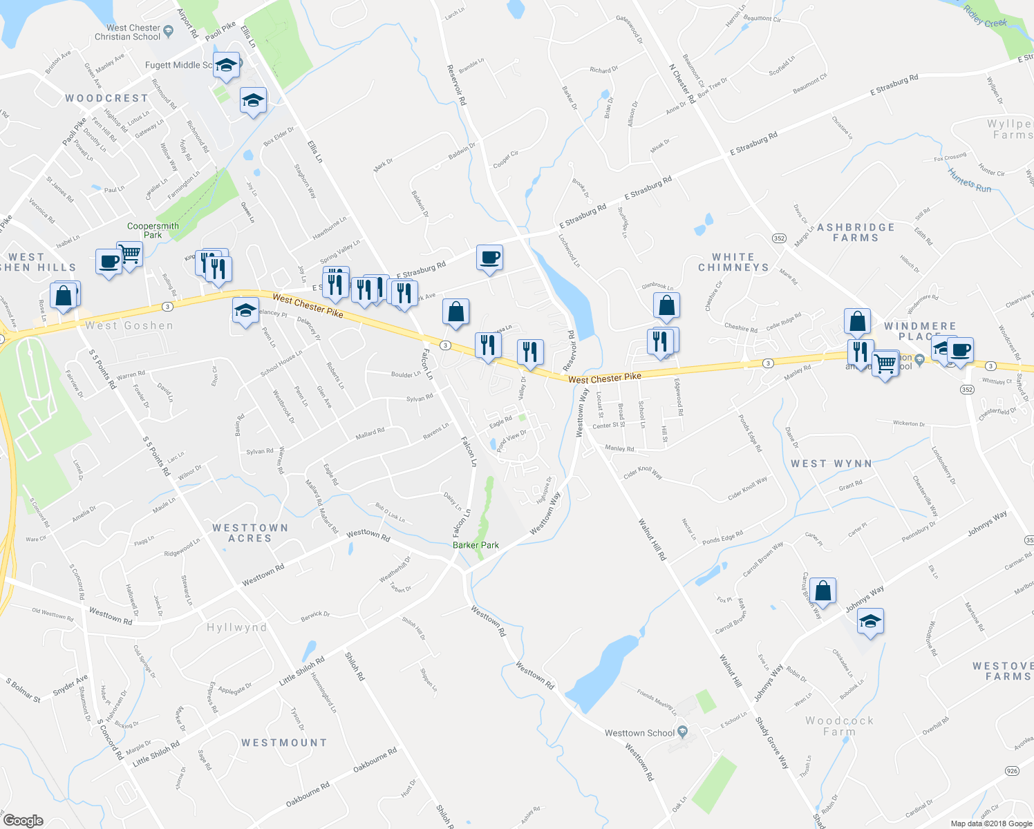 map of restaurants, bars, coffee shops, grocery stores, and more near 2919 Eagle Road in West Chester