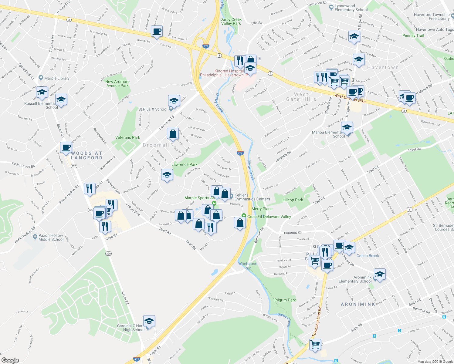 map of restaurants, bars, coffee shops, grocery stores, and more near 435 Lyndhurst Drive in Broomall