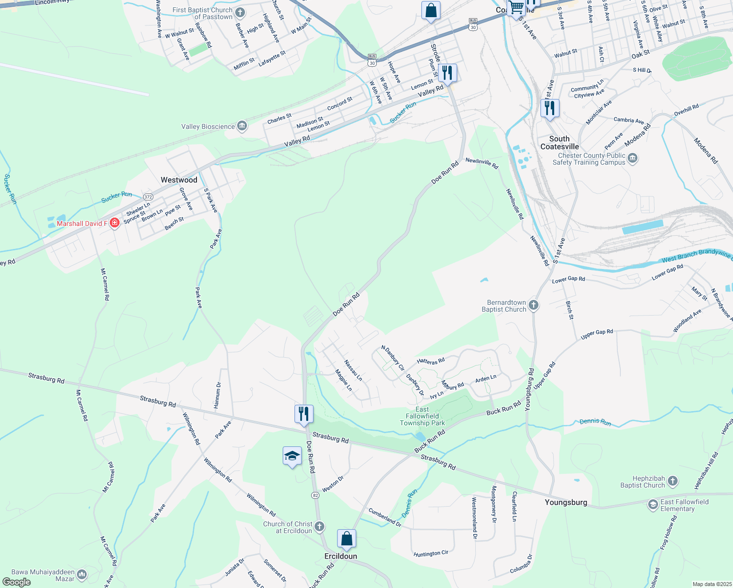 map of restaurants, bars, coffee shops, grocery stores, and more near 375 Doe Run Road in Coatesville