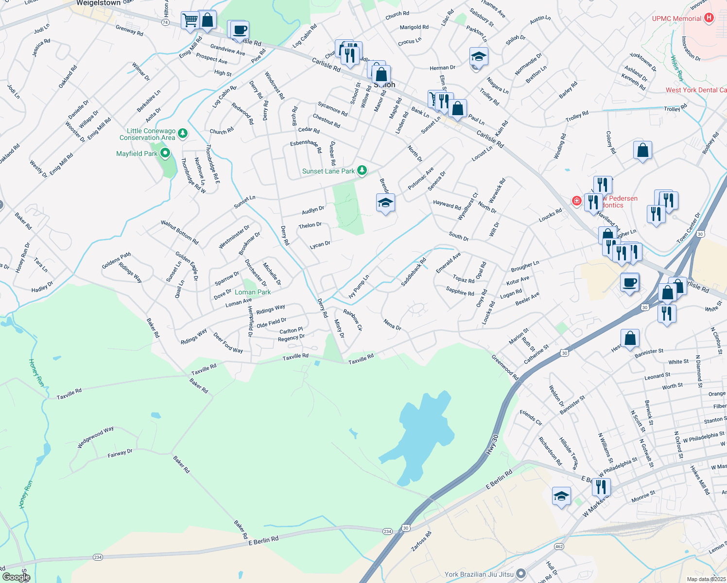 map of restaurants, bars, coffee shops, grocery stores, and more near 1810 Ivy Pump Lane in York