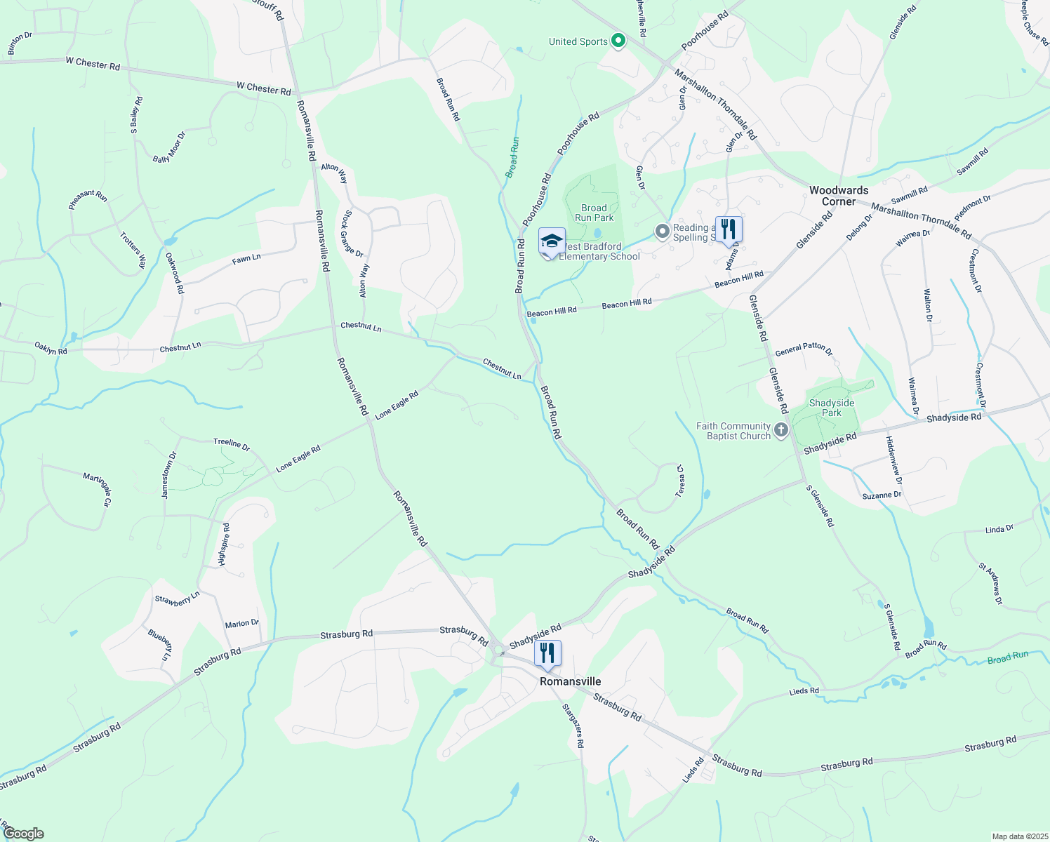 map of restaurants, bars, coffee shops, grocery stores, and more near 1855 Honeysuckle Court in Downingtown