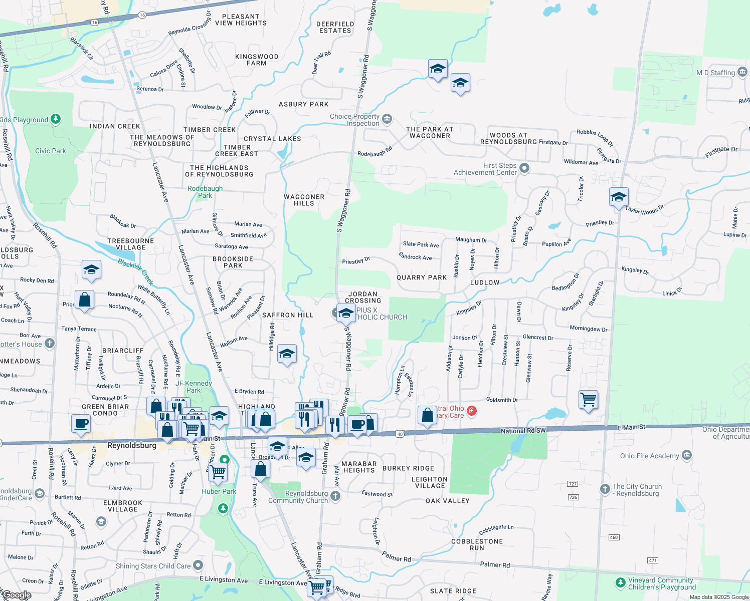 map of restaurants, bars, coffee shops, grocery stores, and more near 7807 Jordan Crossing in Reynoldsburg