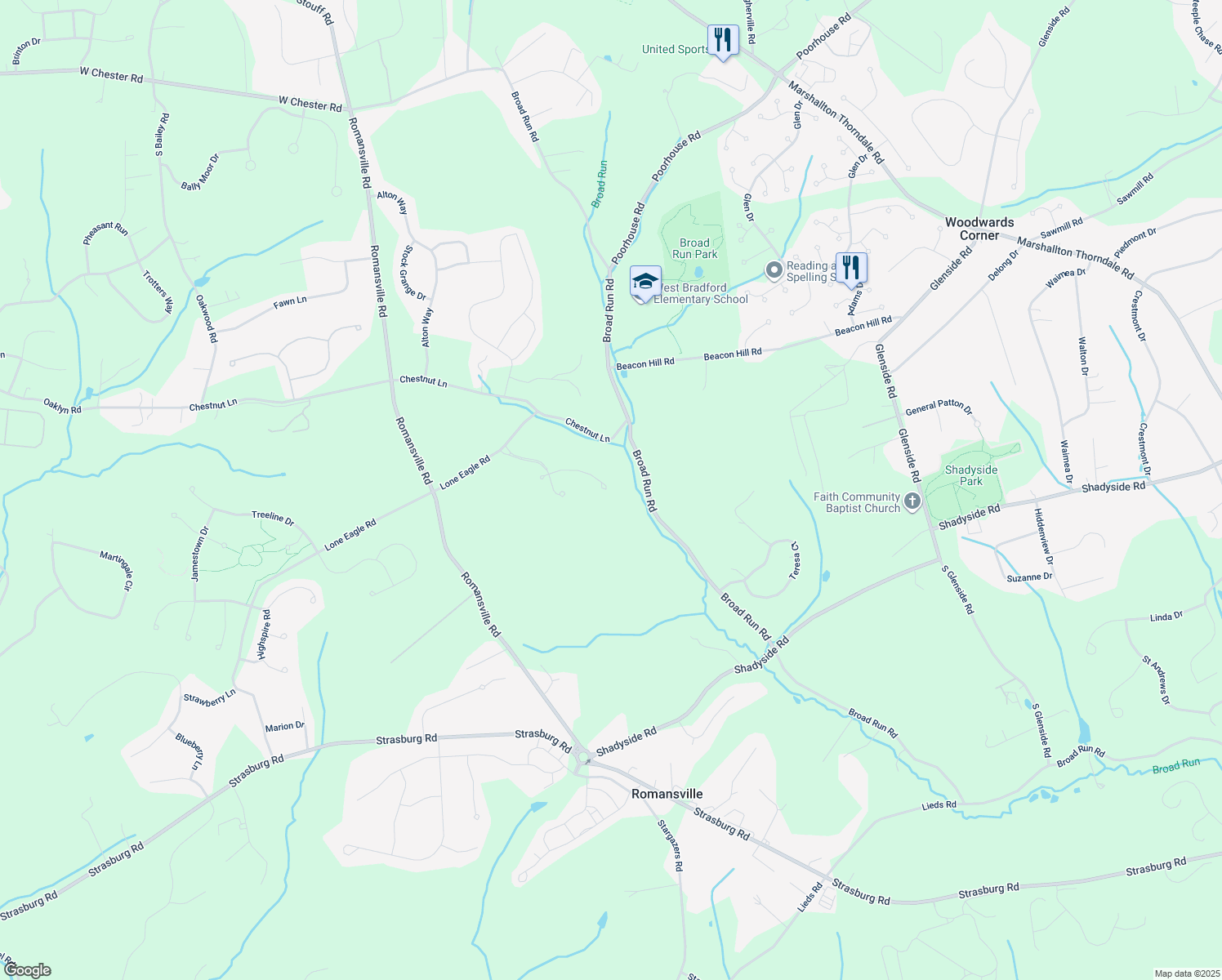 map of restaurants, bars, coffee shops, grocery stores, and more near 1855 Honeysuckle Court in Downingtown