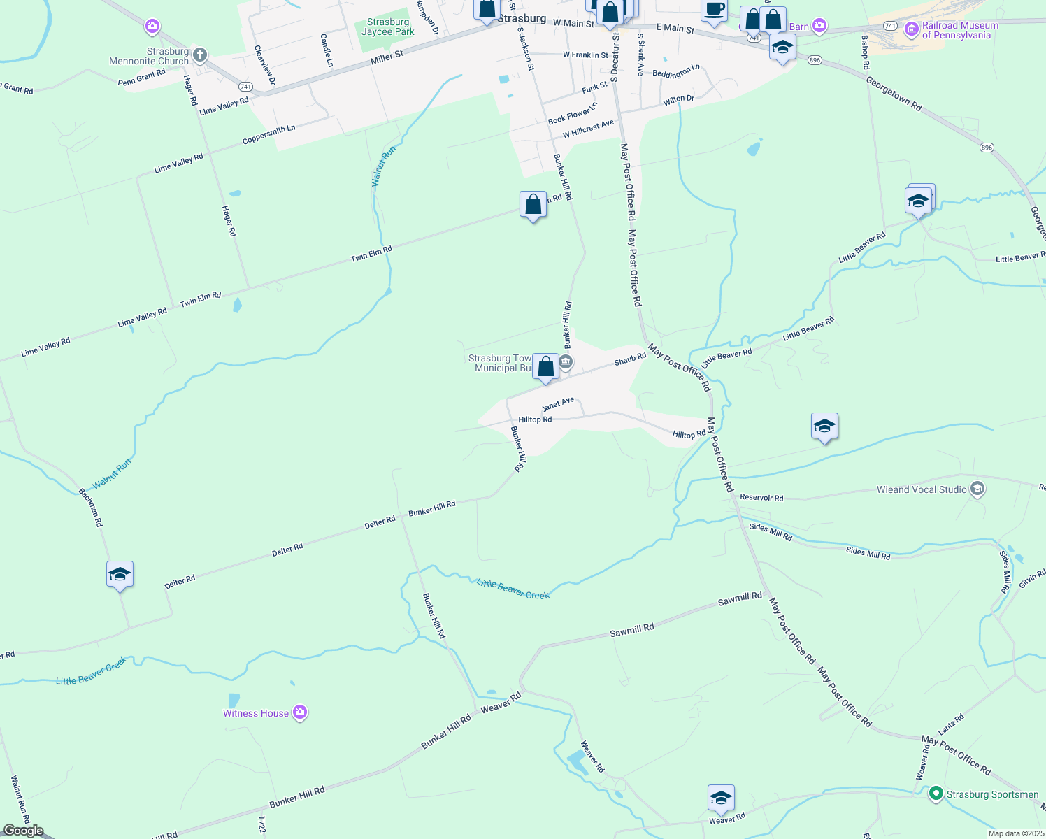 map of restaurants, bars, coffee shops, grocery stores, and more near 339 Hilltop Road in Strasburg