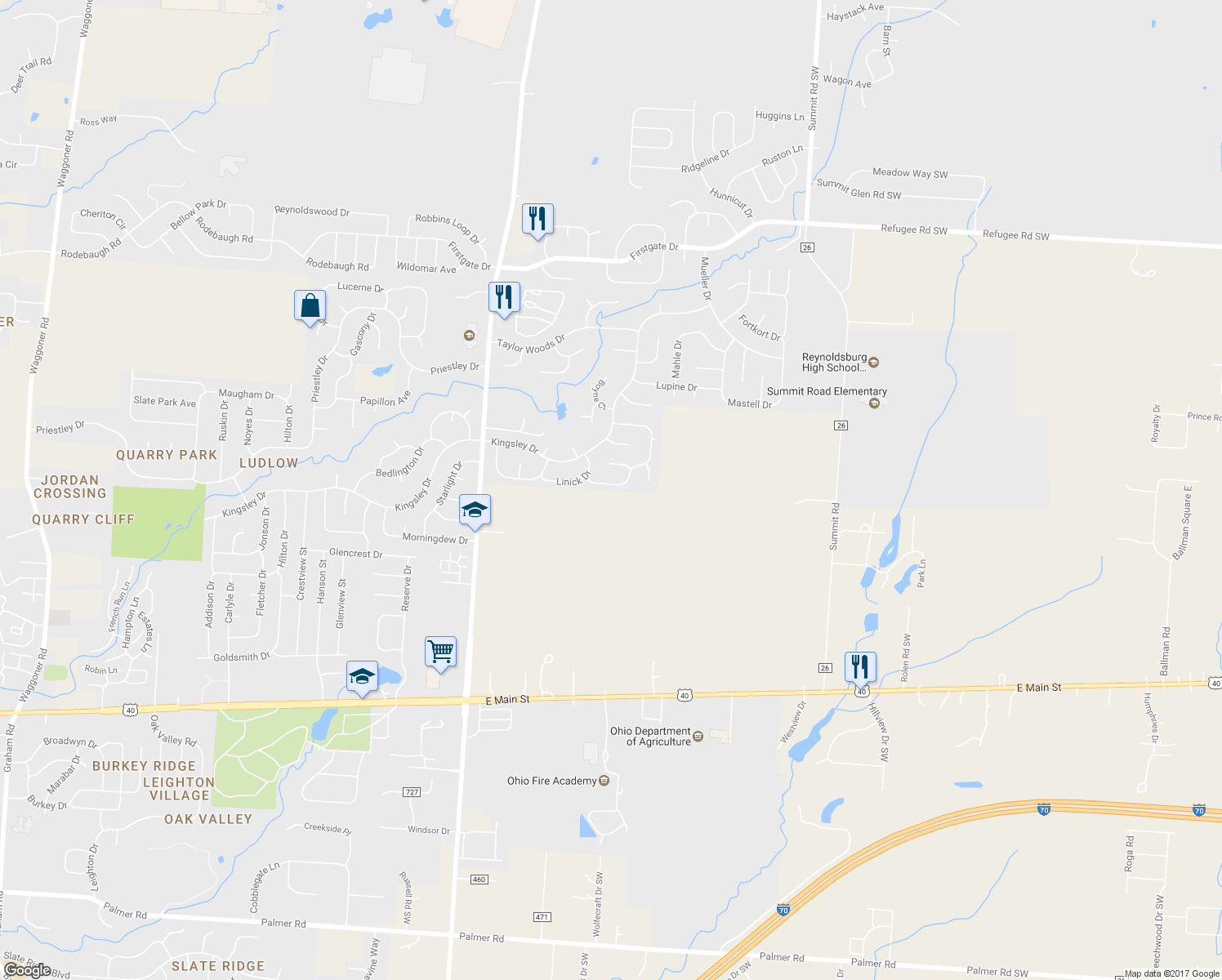map of restaurants, bars, coffee shops, grocery stores, and more near 1154 Bergenia Drive in Reynoldsburg