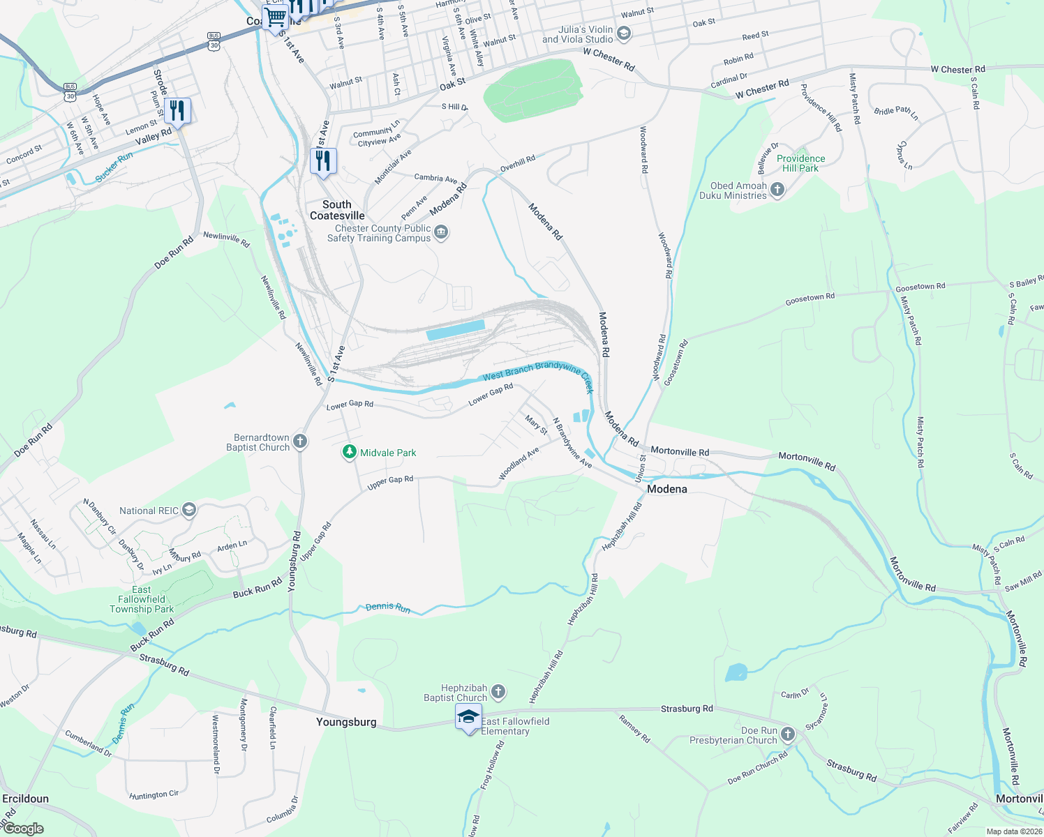 map of restaurants, bars, coffee shops, grocery stores, and more near 17 Mary Street in Coatesville