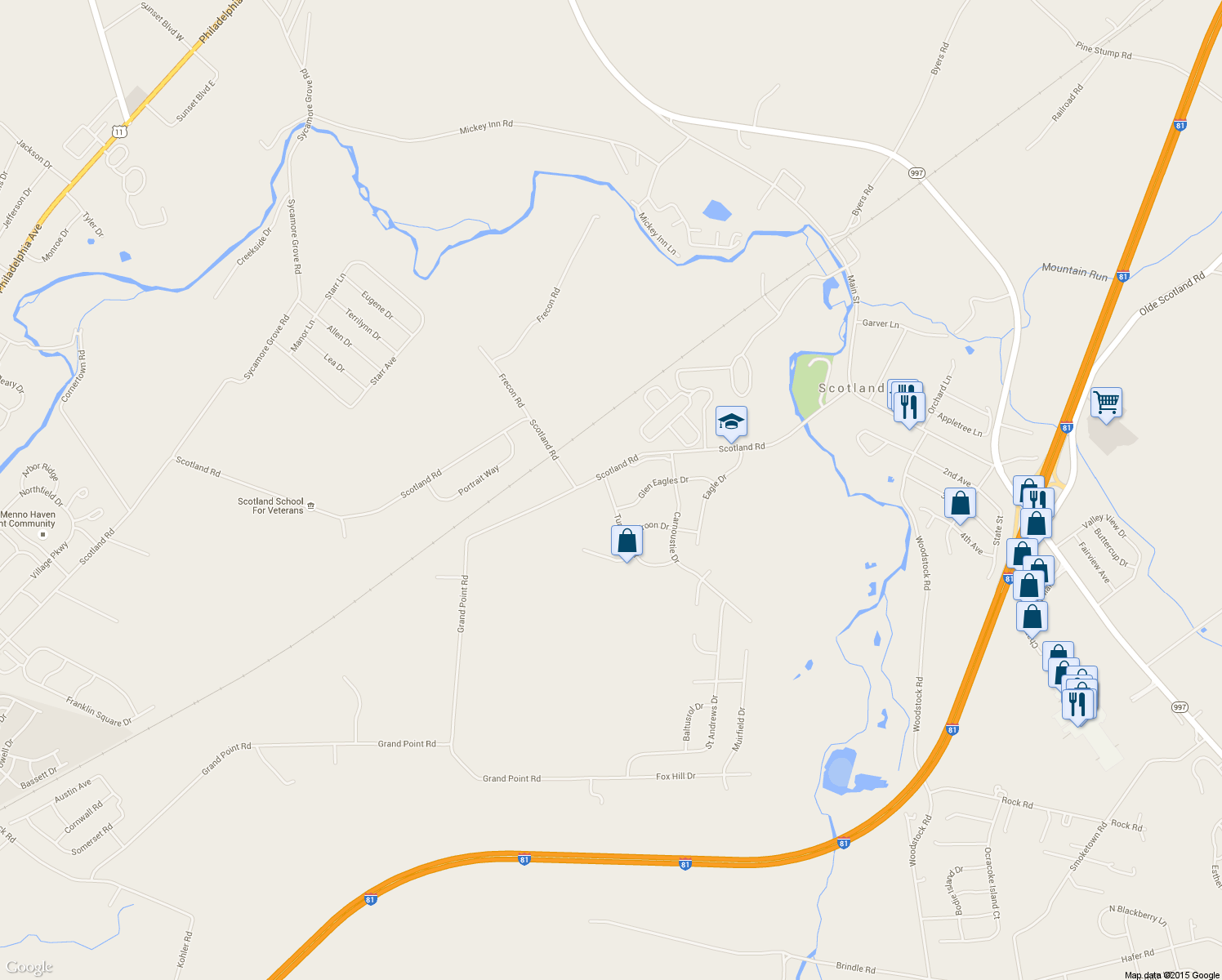 map of restaurants, bars, coffee shops, grocery stores, and more near 3574 Turnberry Drive in Chambersburg