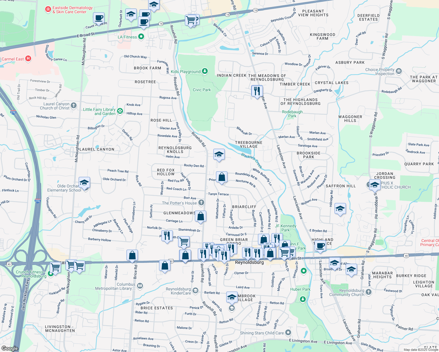 map of restaurants, bars, coffee shops, grocery stores, and more near 6848 Roundelay Road North in Reynoldsburg