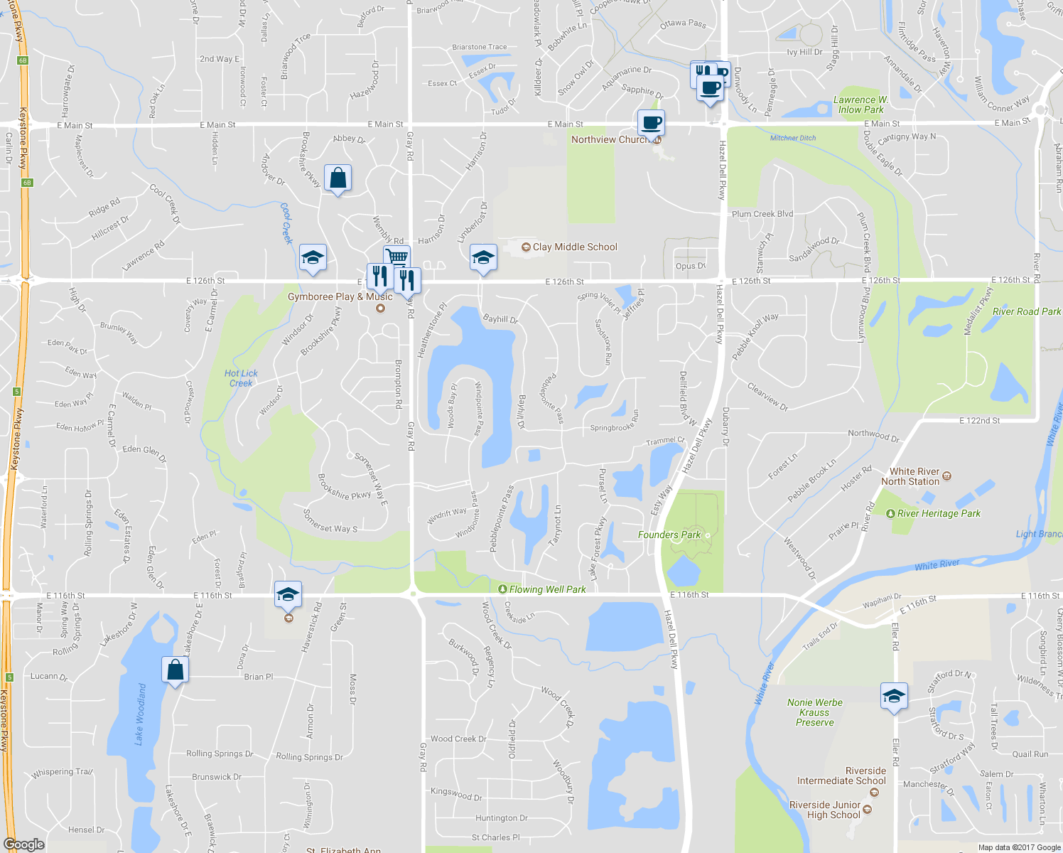 map of restaurants, bars, coffee shops, grocery stores, and more near 12073 Bayhill Drive in Carmel