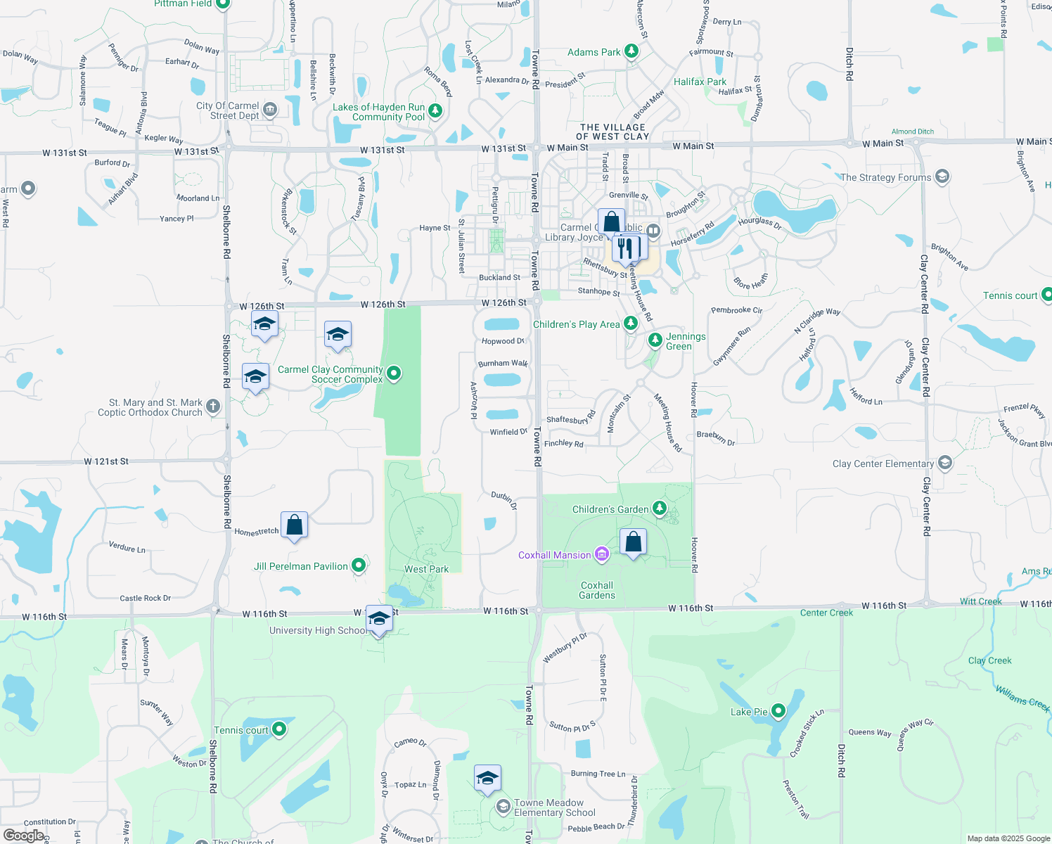 map of restaurants, bars, coffee shops, grocery stores, and more near 2420 Winfield Drive in Carmel