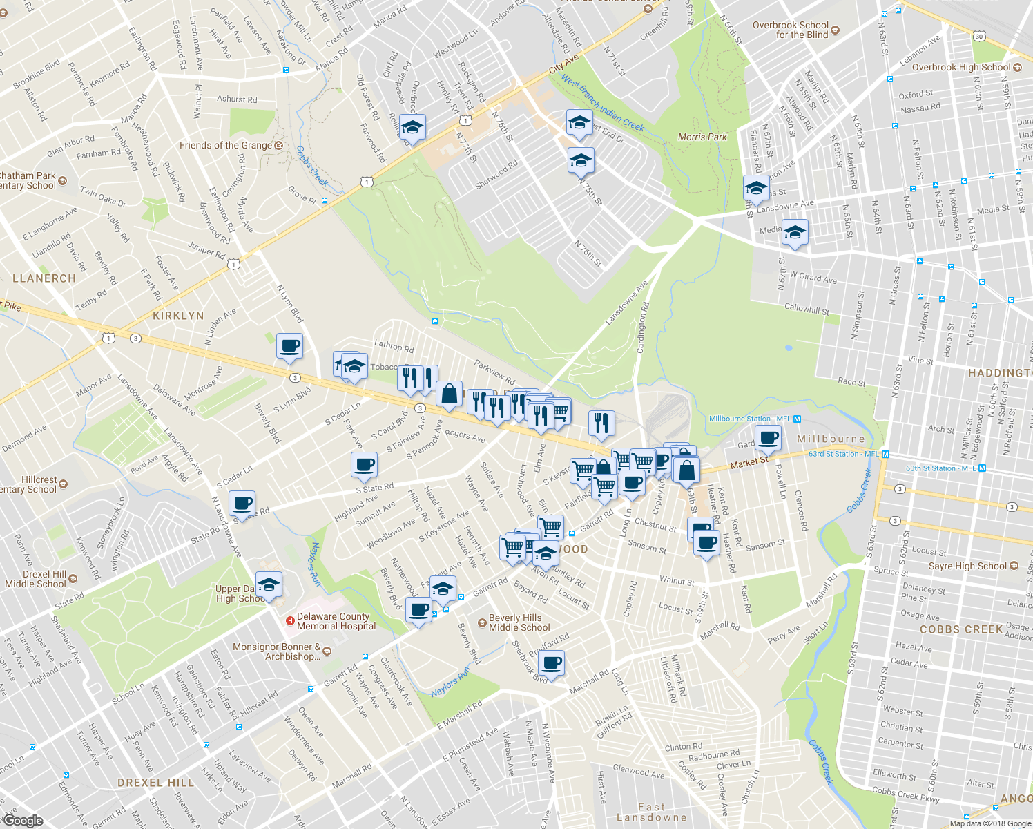 map of restaurants, bars, coffee shops, grocery stores, and more near 22 North State Road in Upper Darby