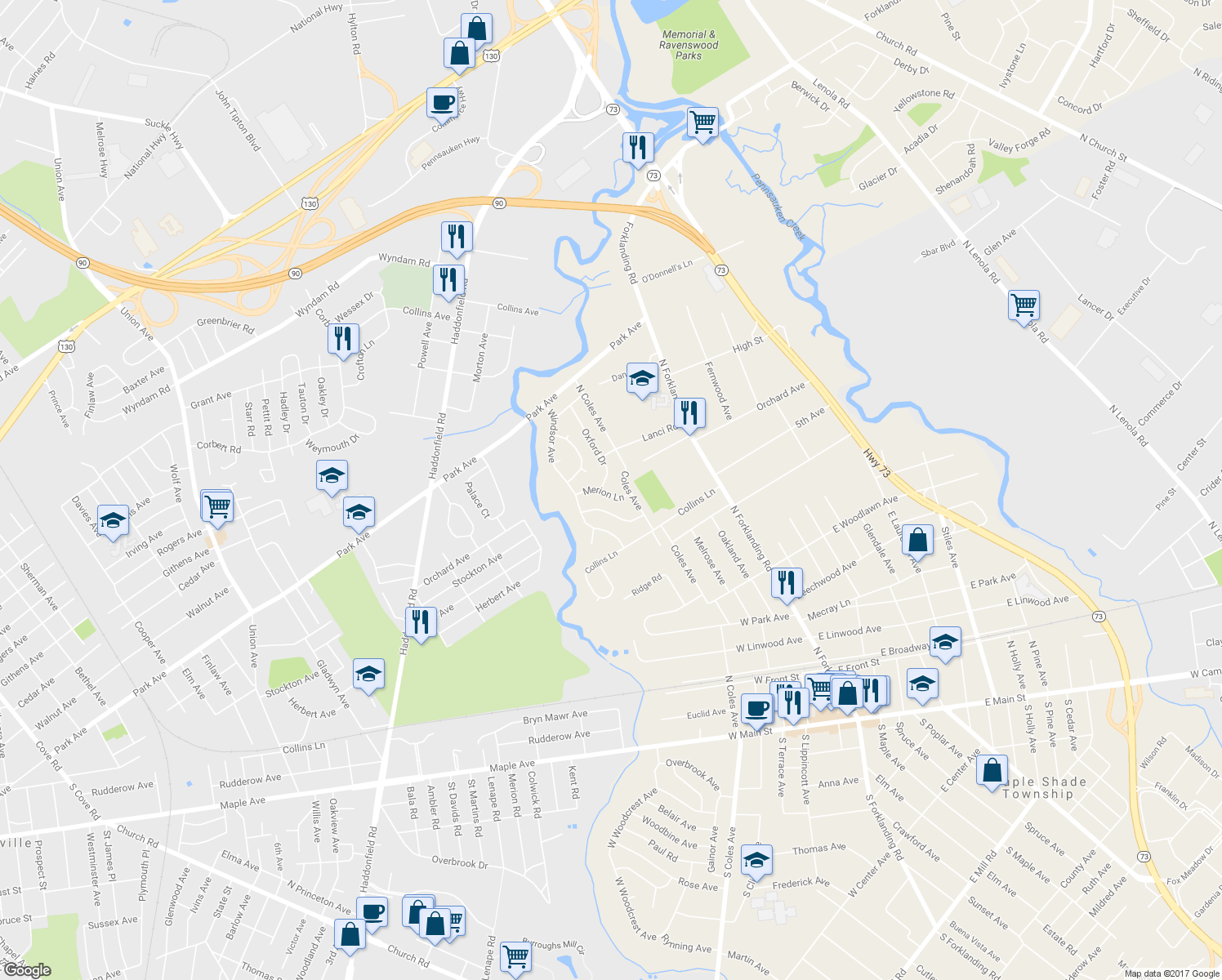 map of restaurants, bars, coffee shops, grocery stores, and more near 19 Merion Ln in Maple Shade