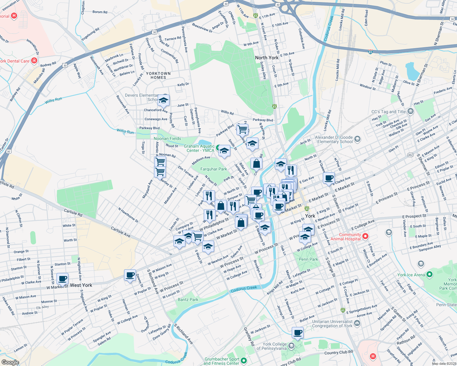 map of restaurants, bars, coffee shops, grocery stores, and more near 337 Garfield Street in York