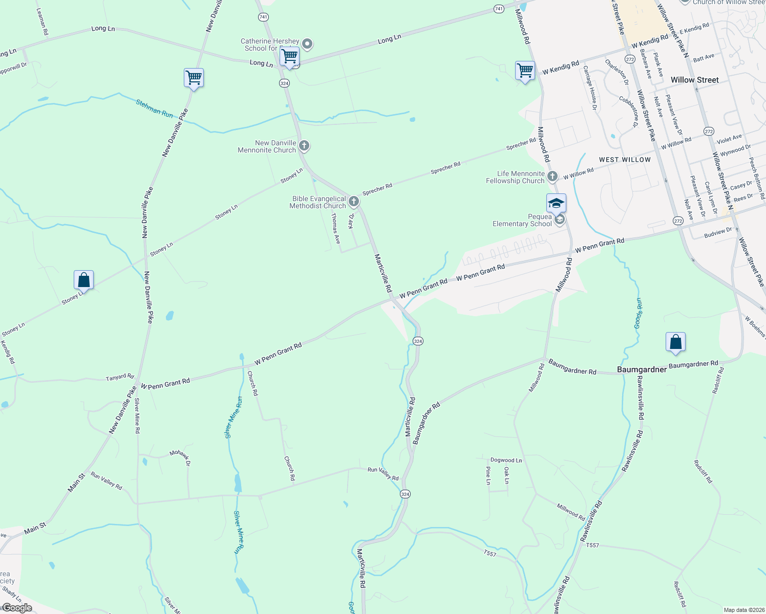 map of restaurants, bars, coffee shops, grocery stores, and more near 1104 West Penn Grant Road in Lancaster