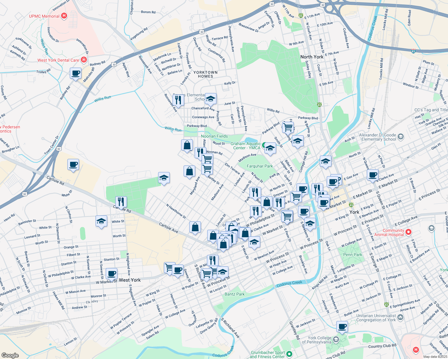 map of restaurants, bars, coffee shops, grocery stores, and more near 475 Madison Ave in York