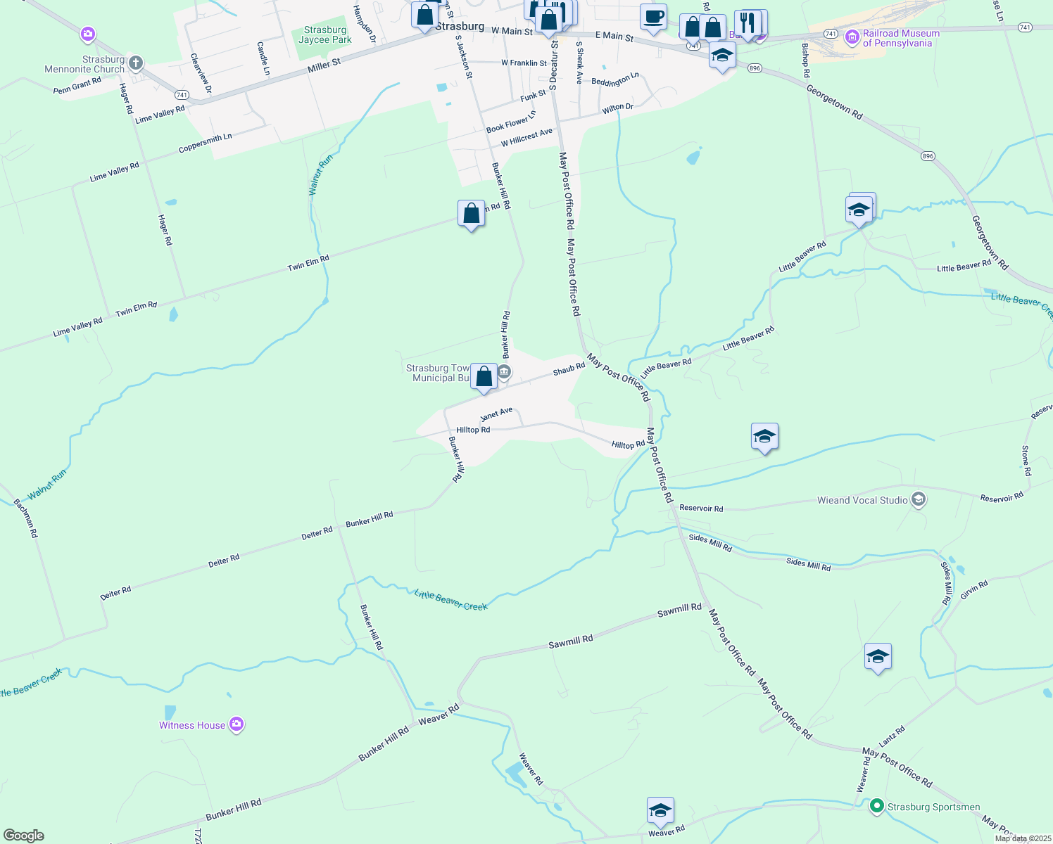 map of restaurants, bars, coffee shops, grocery stores, and more near 339 Hilltop Road in Strasburg