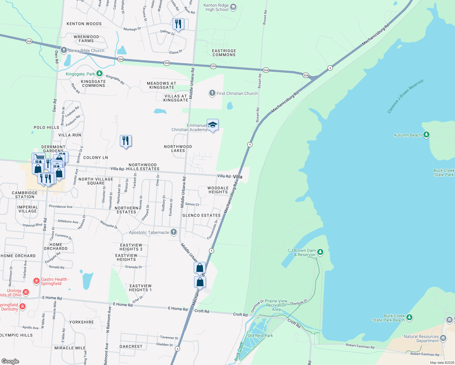map of restaurants, bars, coffee shops, grocery stores, and more near 2315 Villa Rd in Springfield