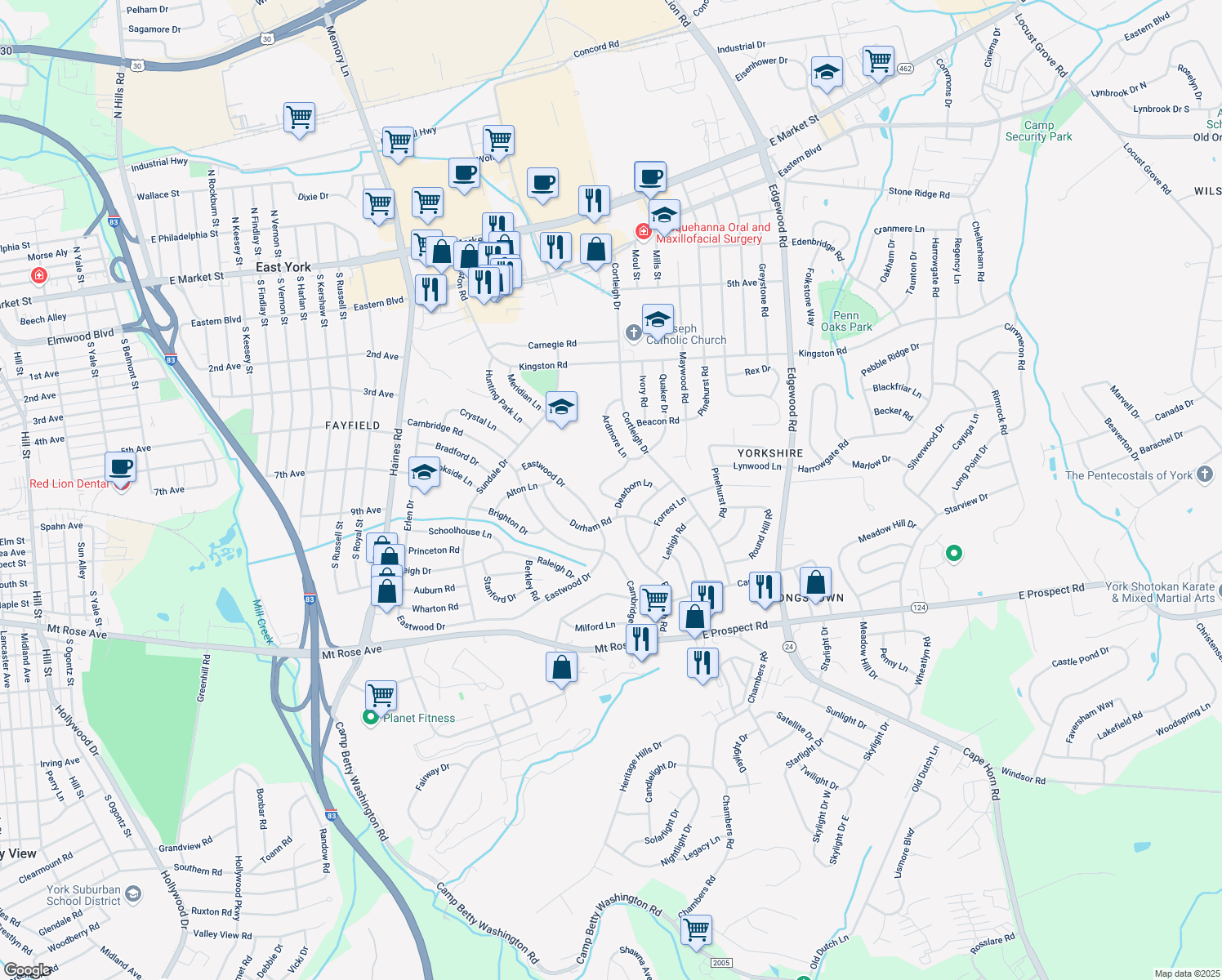 map of restaurants, bars, coffee shops, grocery stores, and more near 2920 Broxton Lane in York