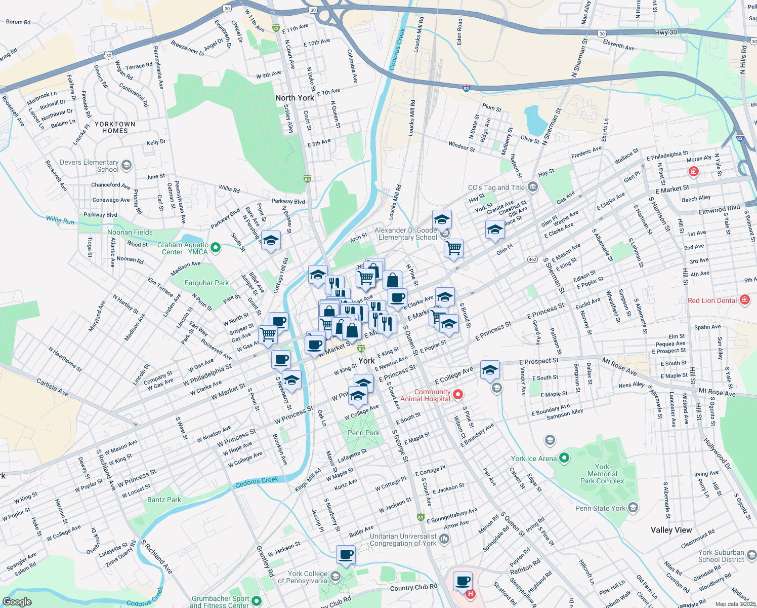 map of restaurants, bars, coffee shops, grocery stores, and more near 117 East Philadelphia Street in York