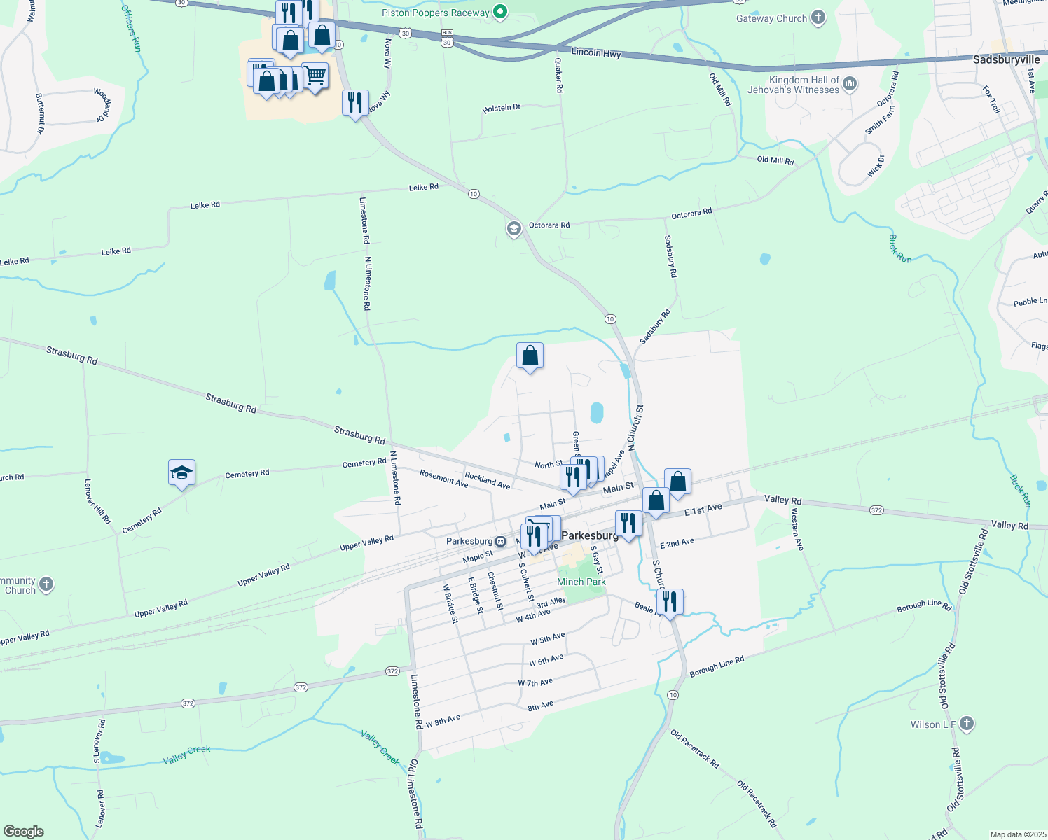 map of restaurants, bars, coffee shops, grocery stores, and more near 453 North Culvert Street in Parkesburg